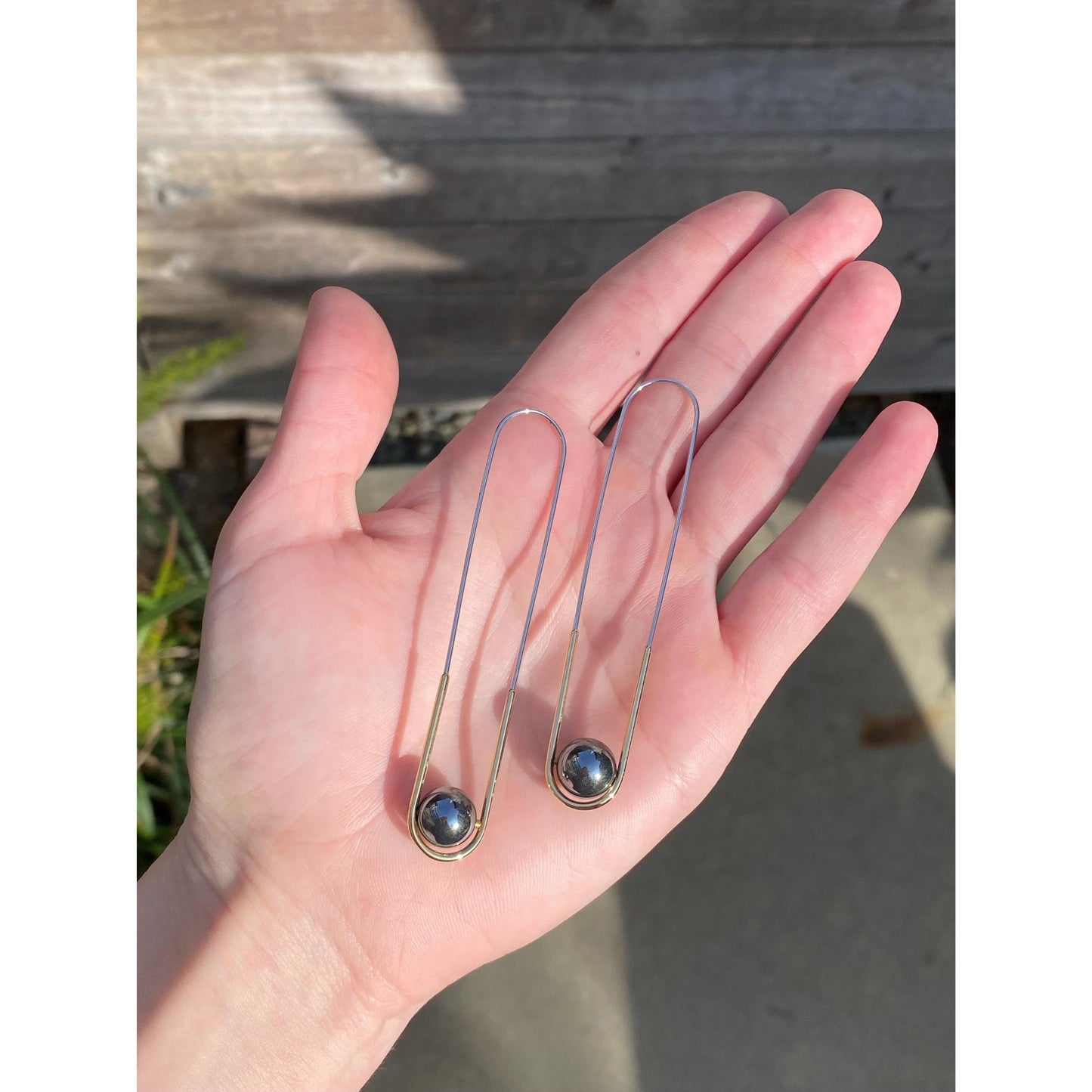 Vintage Solid 18k Yellow Gold & Stainless Steel Hematite Long Oval Hoop Earrings