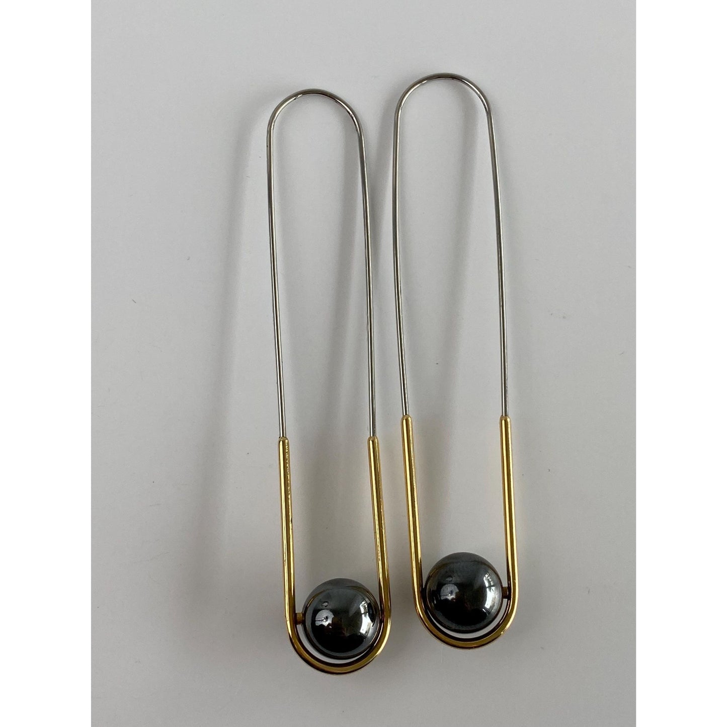 Vintage Solid 18k Yellow Gold & Stainless Steel Hematite Long Oval Hoop Earrings