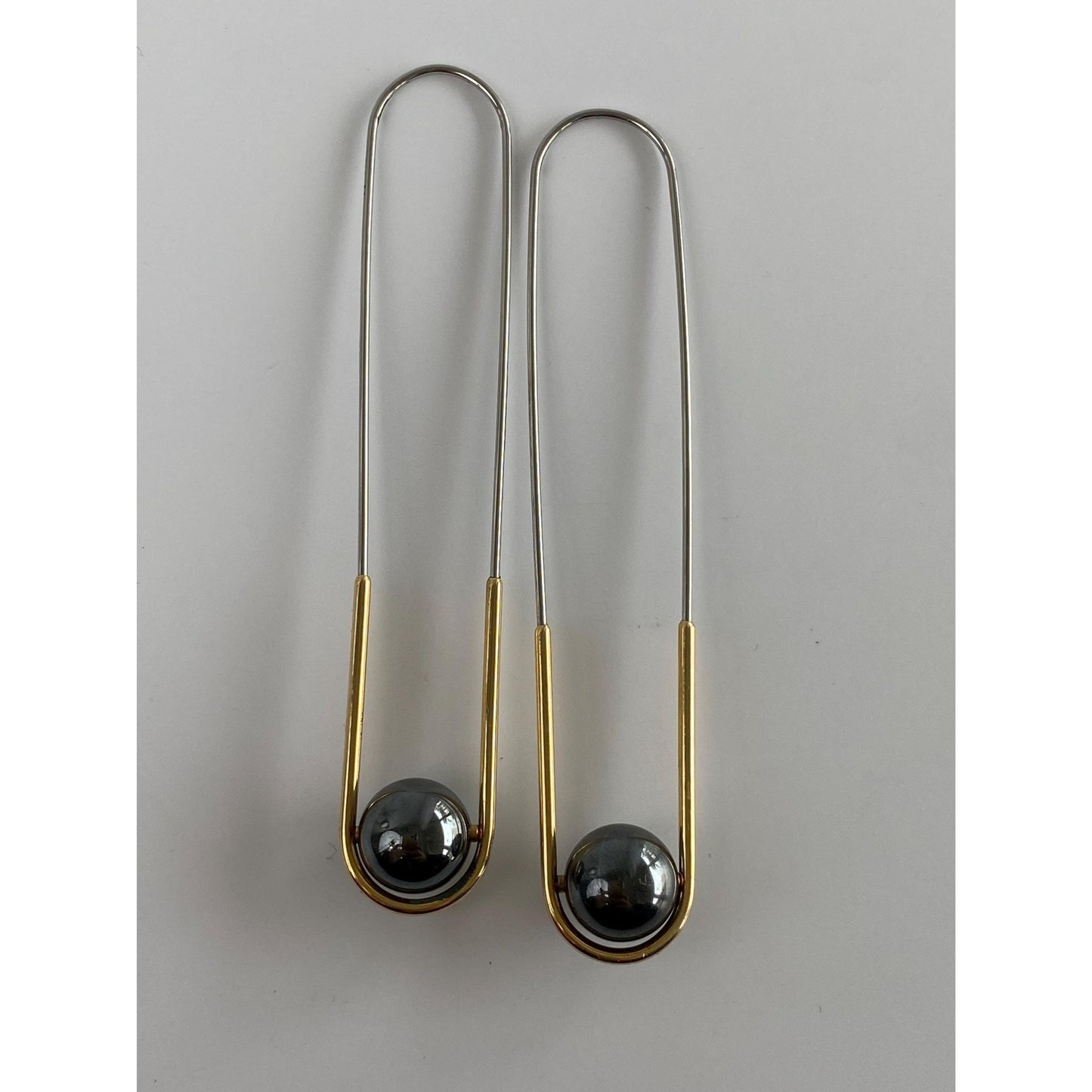 Vintage Solid 18k Yellow Gold & Stainless Steel Hematite Long Oval Hoop Earrings