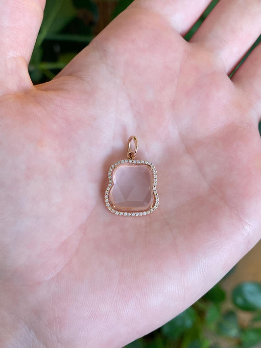 Vintage Solid 14k Rose Gold Diamond Halo Rose Quartz Charm