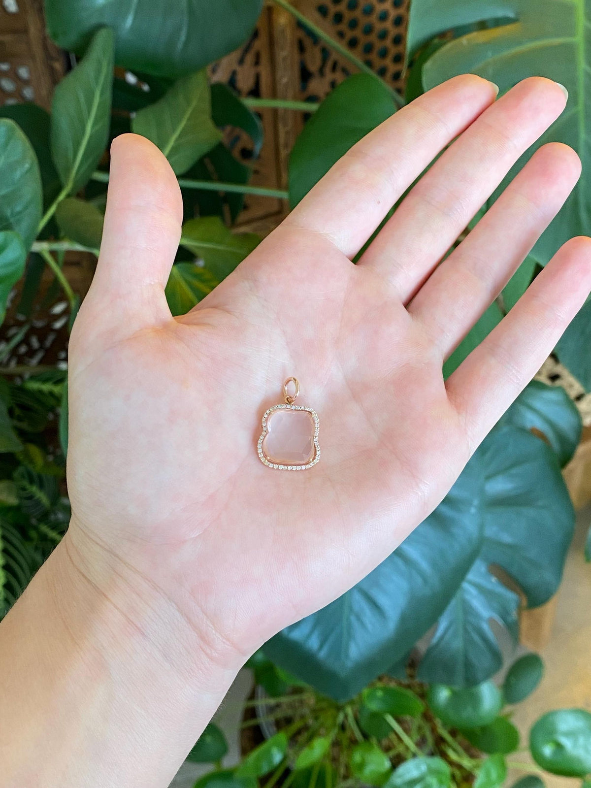 Vintage Solid 14k Rose Gold Diamond Halo Rose Quartz Charm