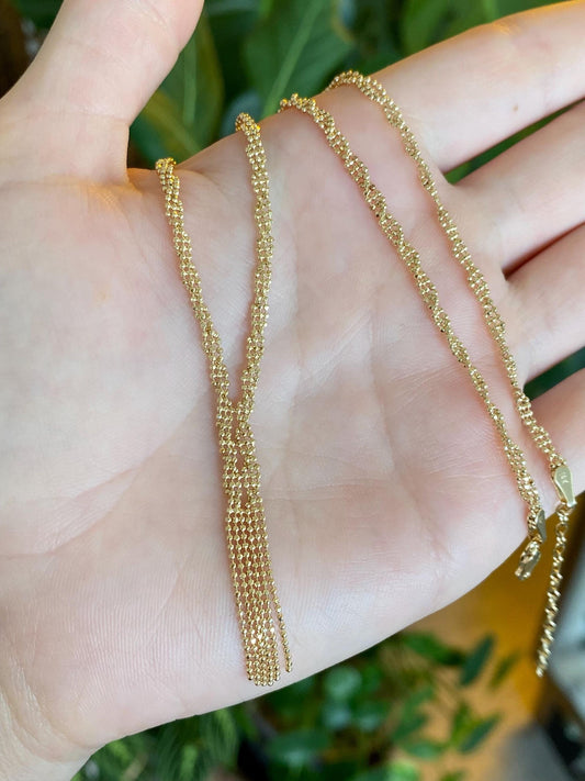 Vintage 14k Yellow Gold Twisted Faceted Ball Chain Fringe Necklace - 15.5-17.5 inches