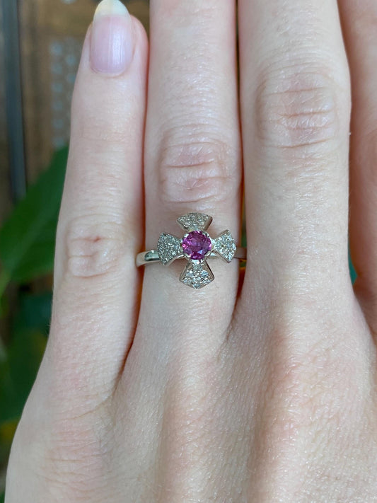 Vintage Solid 14k White Gold Diamond Pink Sapphire Ring - Size 5.75