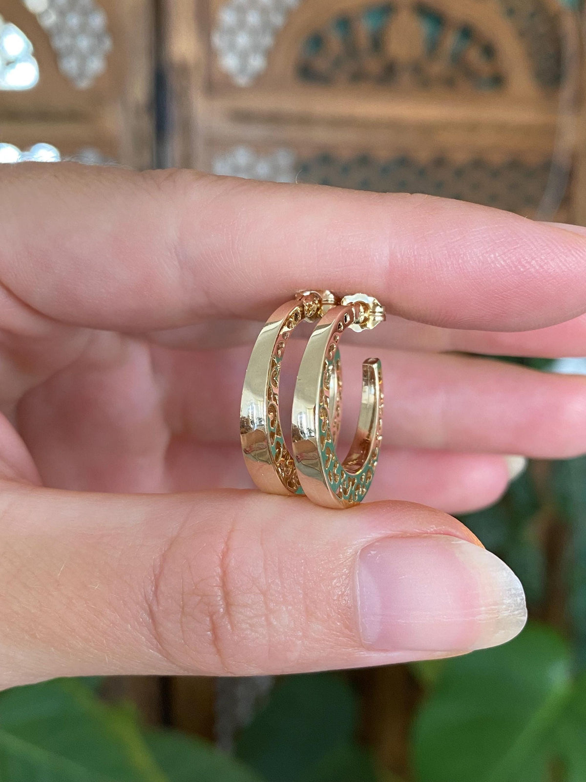 Vintage Solid 14k Yellow Gold Open Work Hoop Earrings