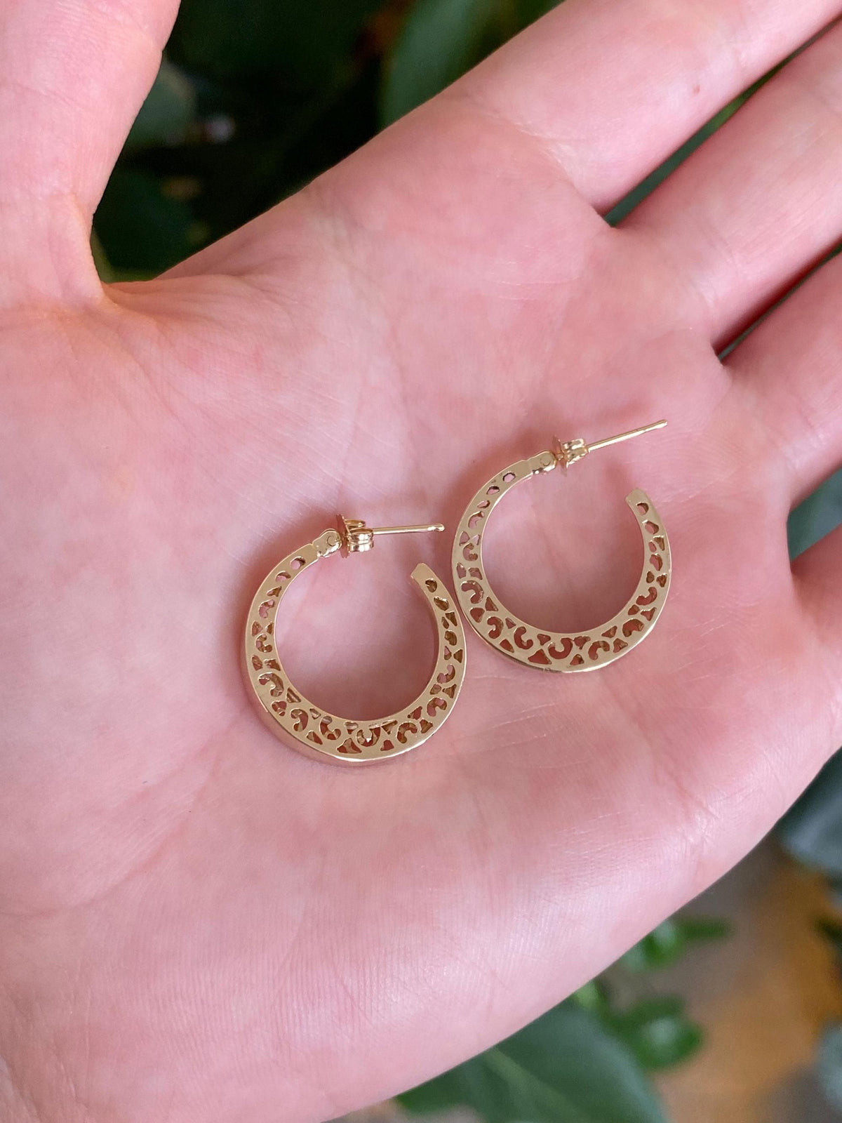 Vintage Solid 14k Yellow Gold Open Work Hoop Earrings
