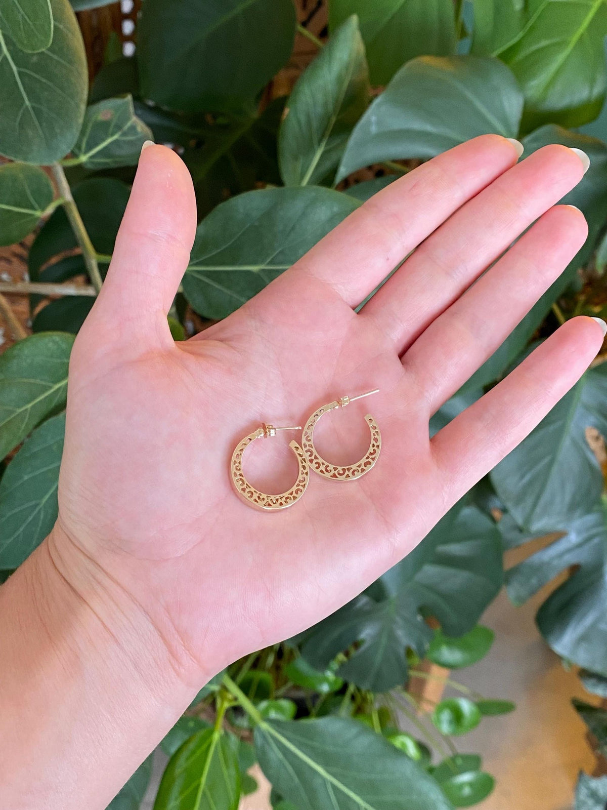 Vintage Solid 14k Yellow Gold Open Work Hoop Earrings