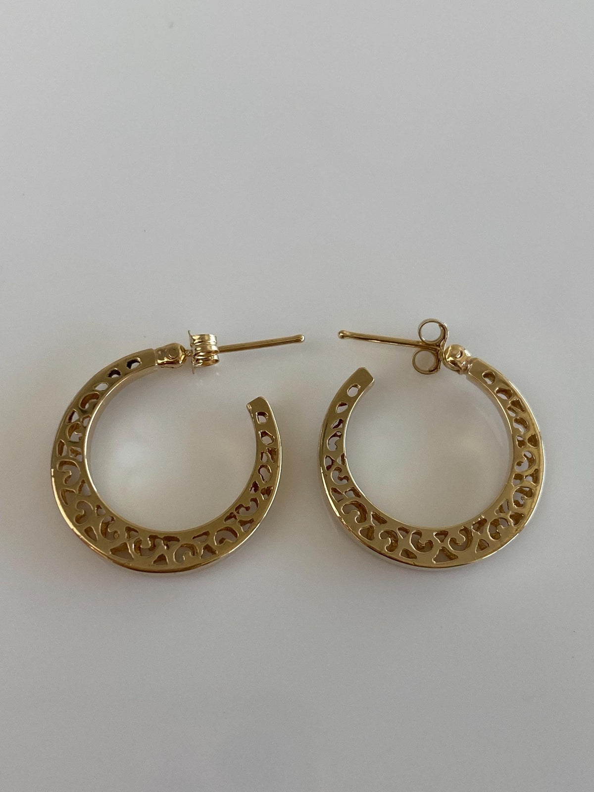 Vintage Solid 14k Yellow Gold Open Work Hoop Earrings