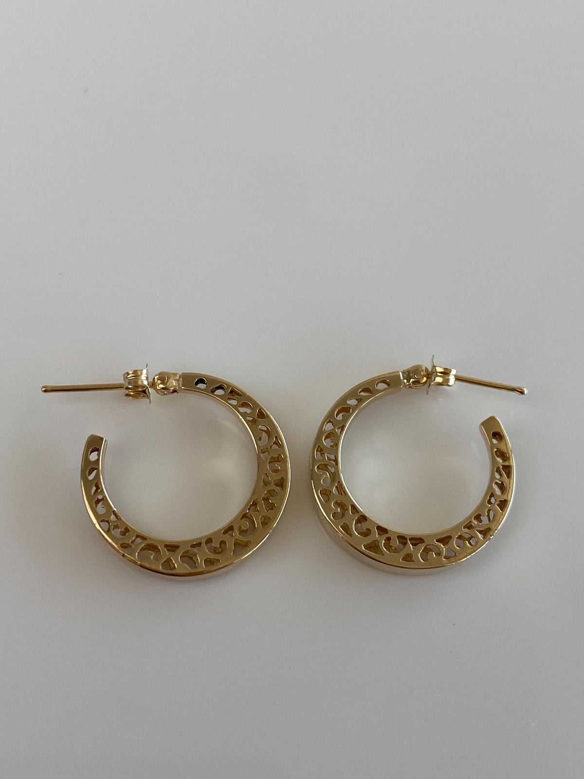 Vintage Solid 14k Yellow Gold Open Work Hoop Earrings