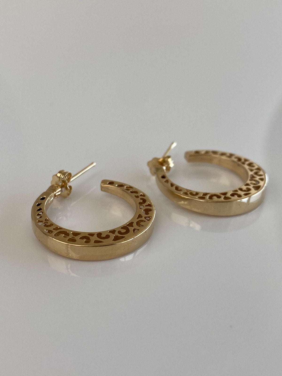 Vintage Solid 14k Yellow Gold Open Work Hoop Earrings