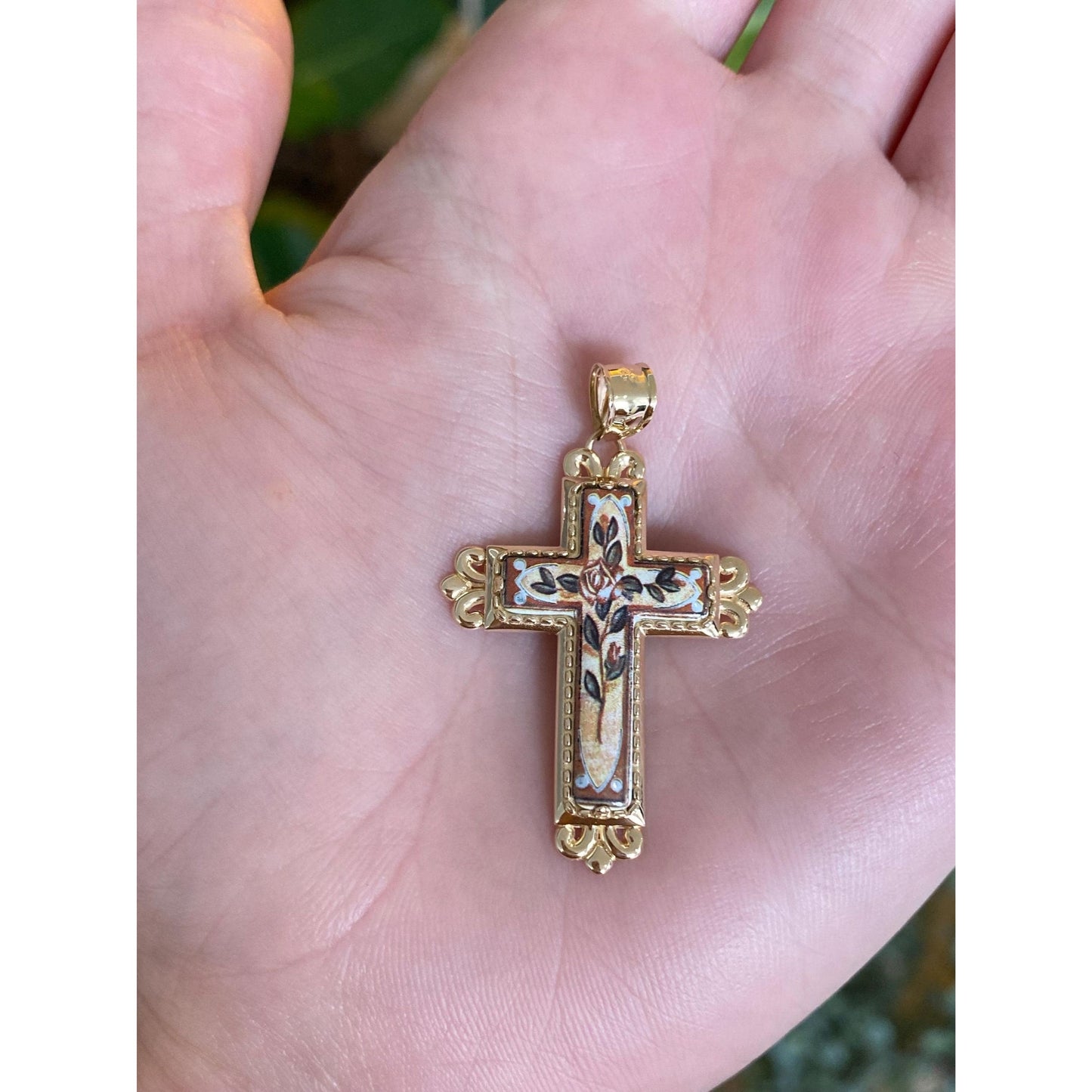 Vintage Solid 14k Yellow Gold Enamel Cross Charm