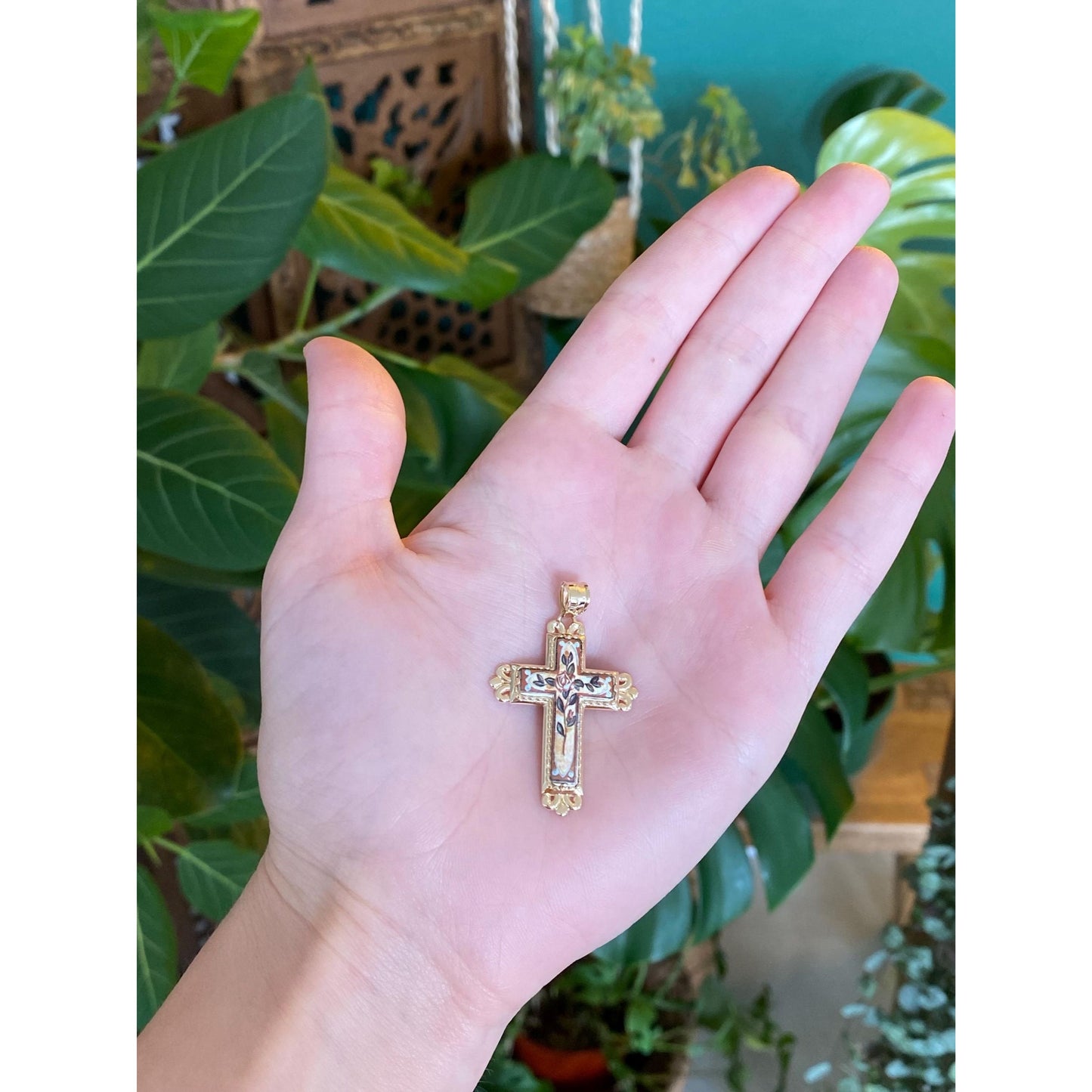 Vintage Solid 14k Yellow Gold Enamel Cross Charm