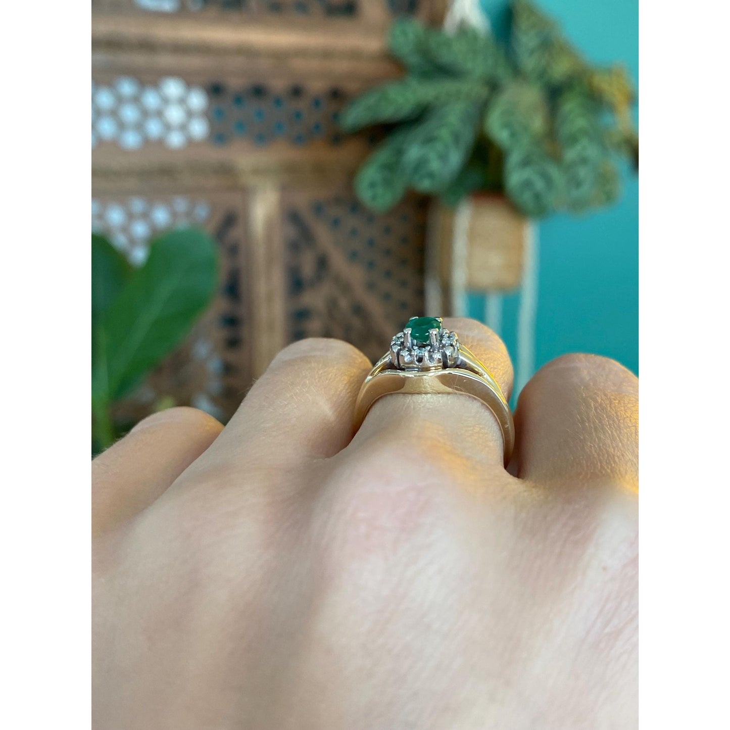 Vintage Solid 14k White & Yellow Gold Diamond Halo Emerald Ring - Size 7.25