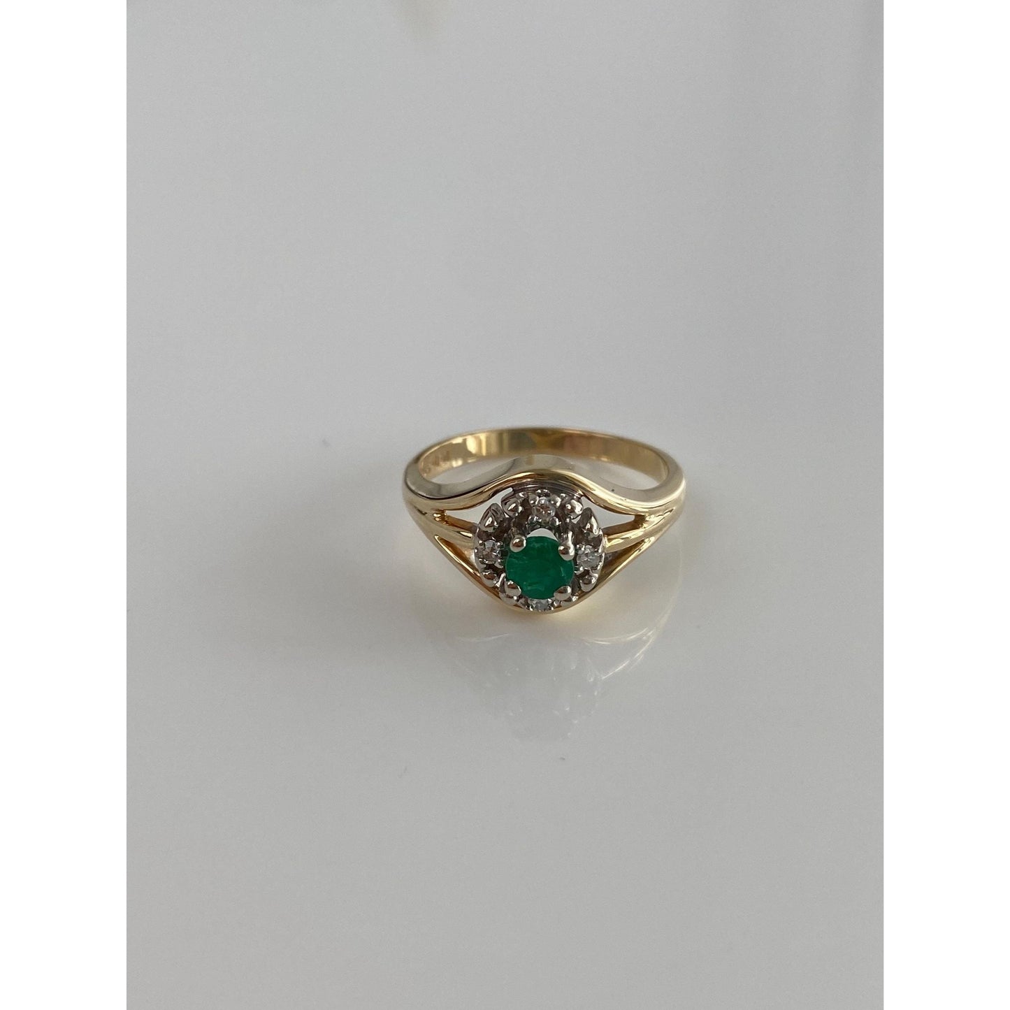 Vintage Solid 14k White & Yellow Gold Diamond Halo Emerald Ring - Size 7.25
