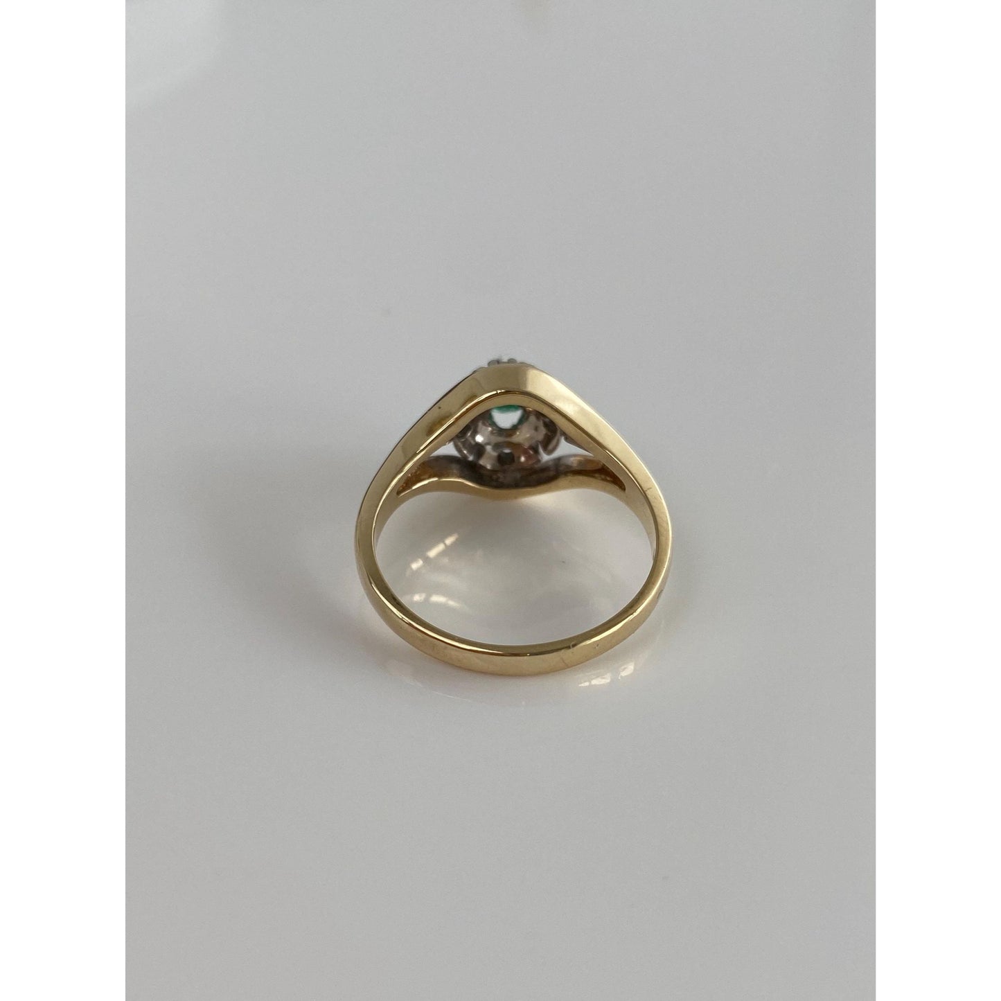 Vintage Solid 14k White & Yellow Gold Diamond Halo Emerald Ring - Size 7.25