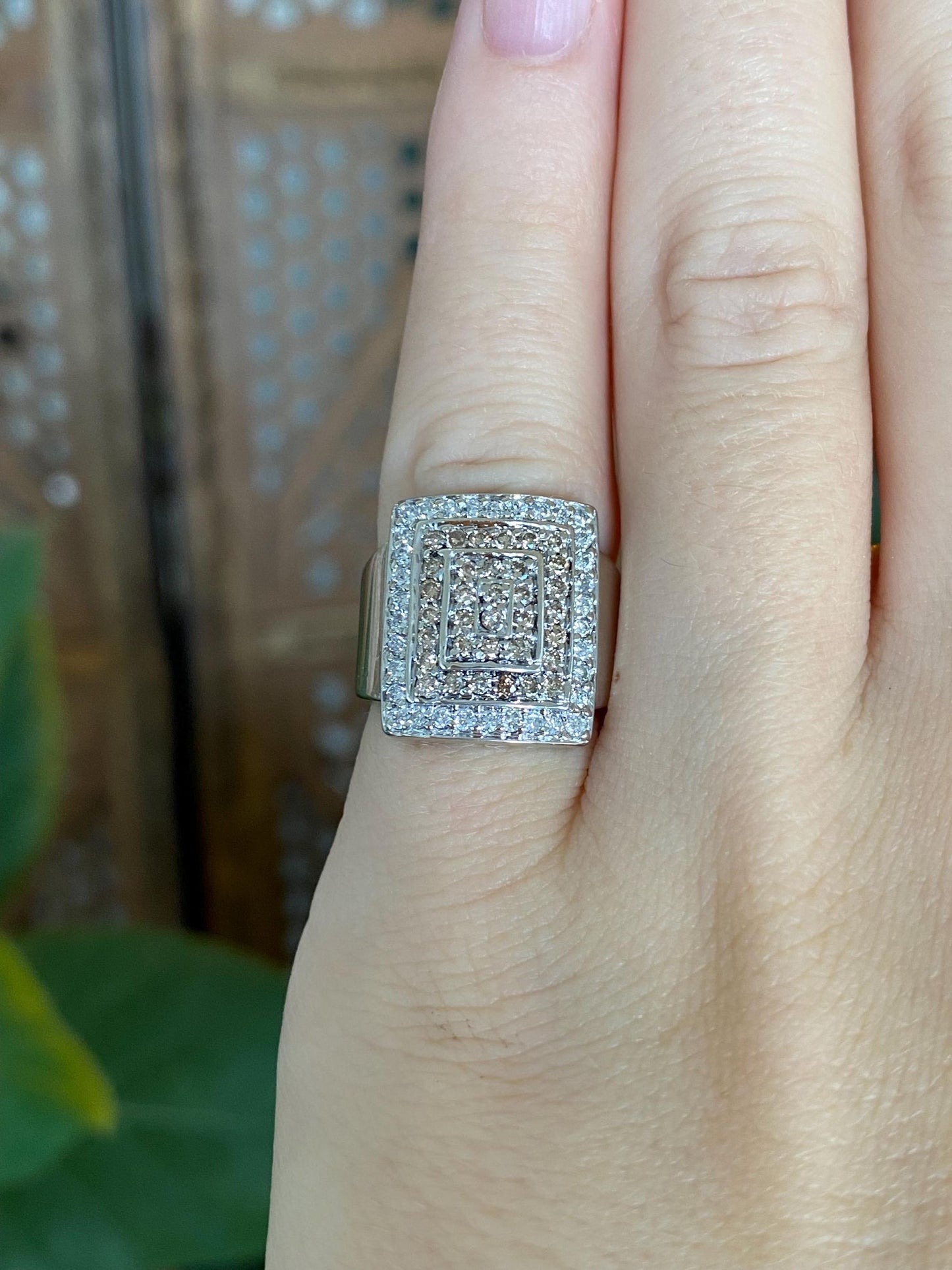 Vintage Solid 14k White Gold Champagne & Clear Diamond Square Ring - Size 3.5