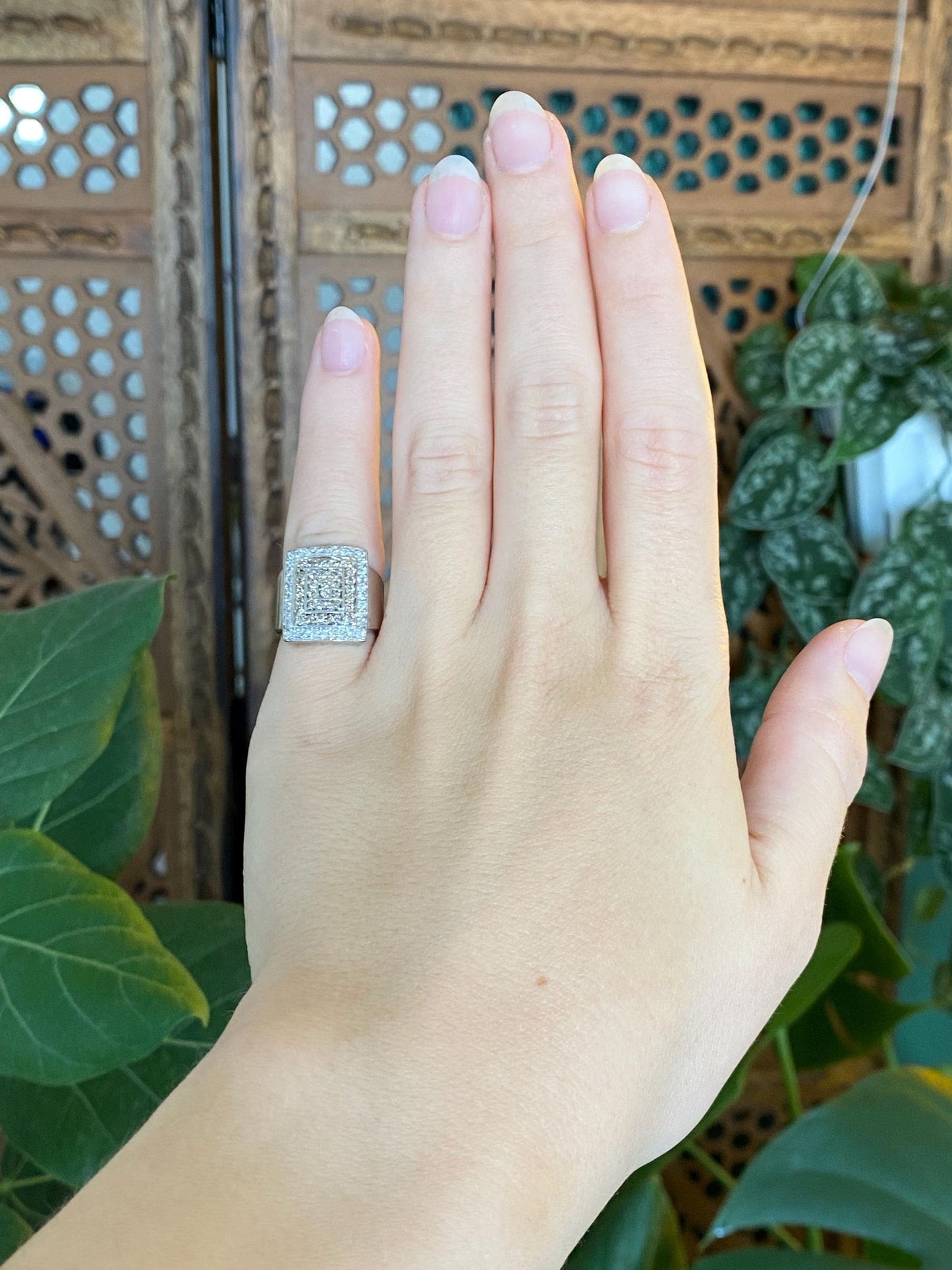 Vintage Solid 14k White Gold Champagne & Clear Diamond Square Ring - Size 3.5