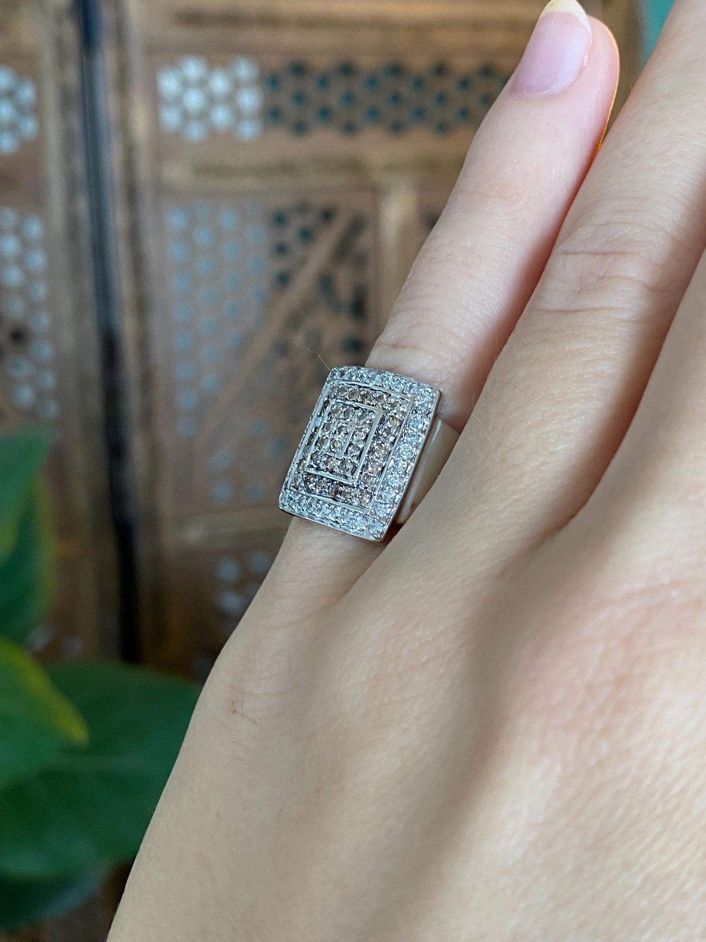 Vintage Solid 14k White Gold Champagne & Clear Diamond Square Ring - Size 3.5