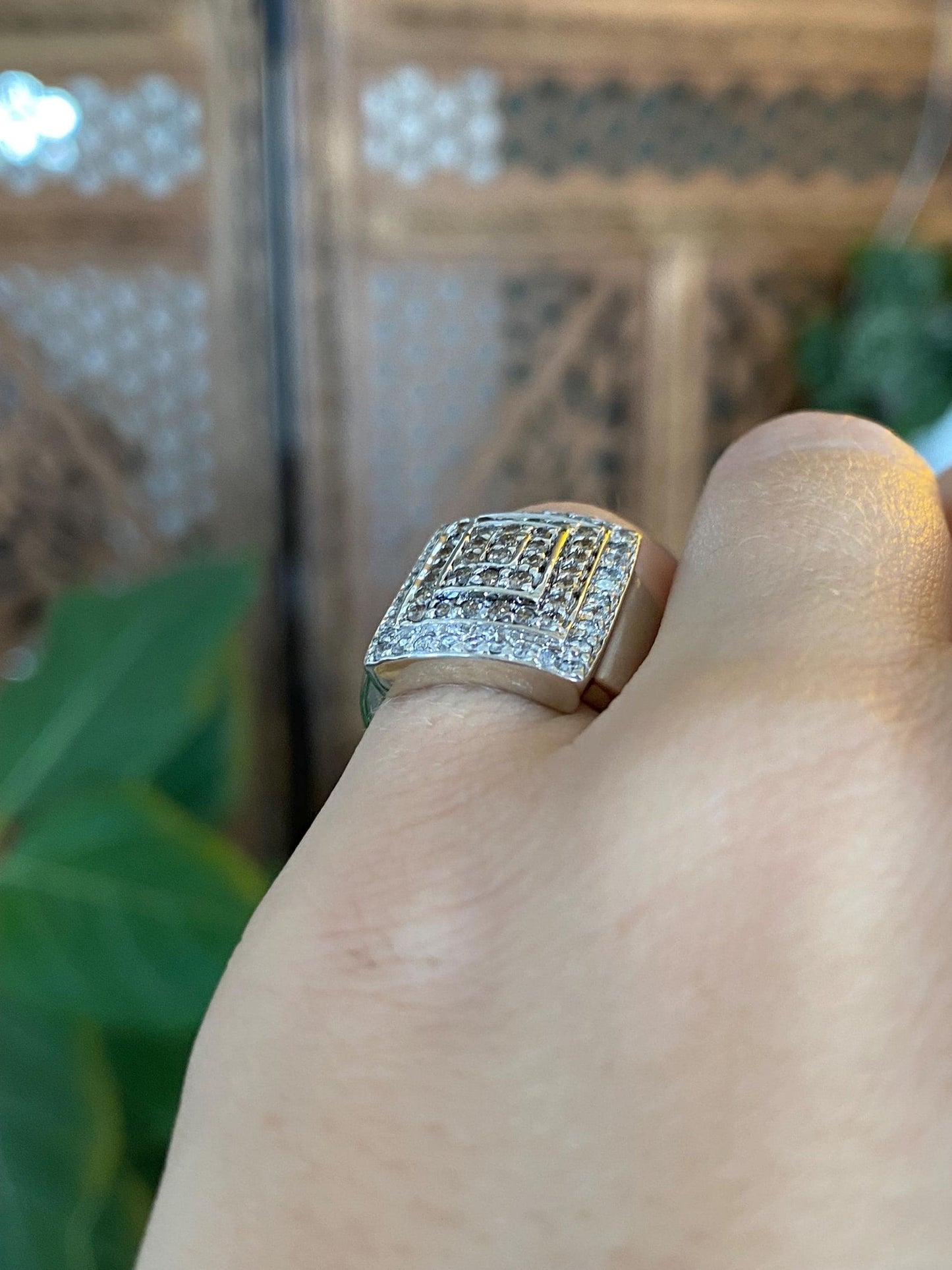 Vintage Solid 14k White Gold Champagne & Clear Diamond Square Ring - Size 3.5