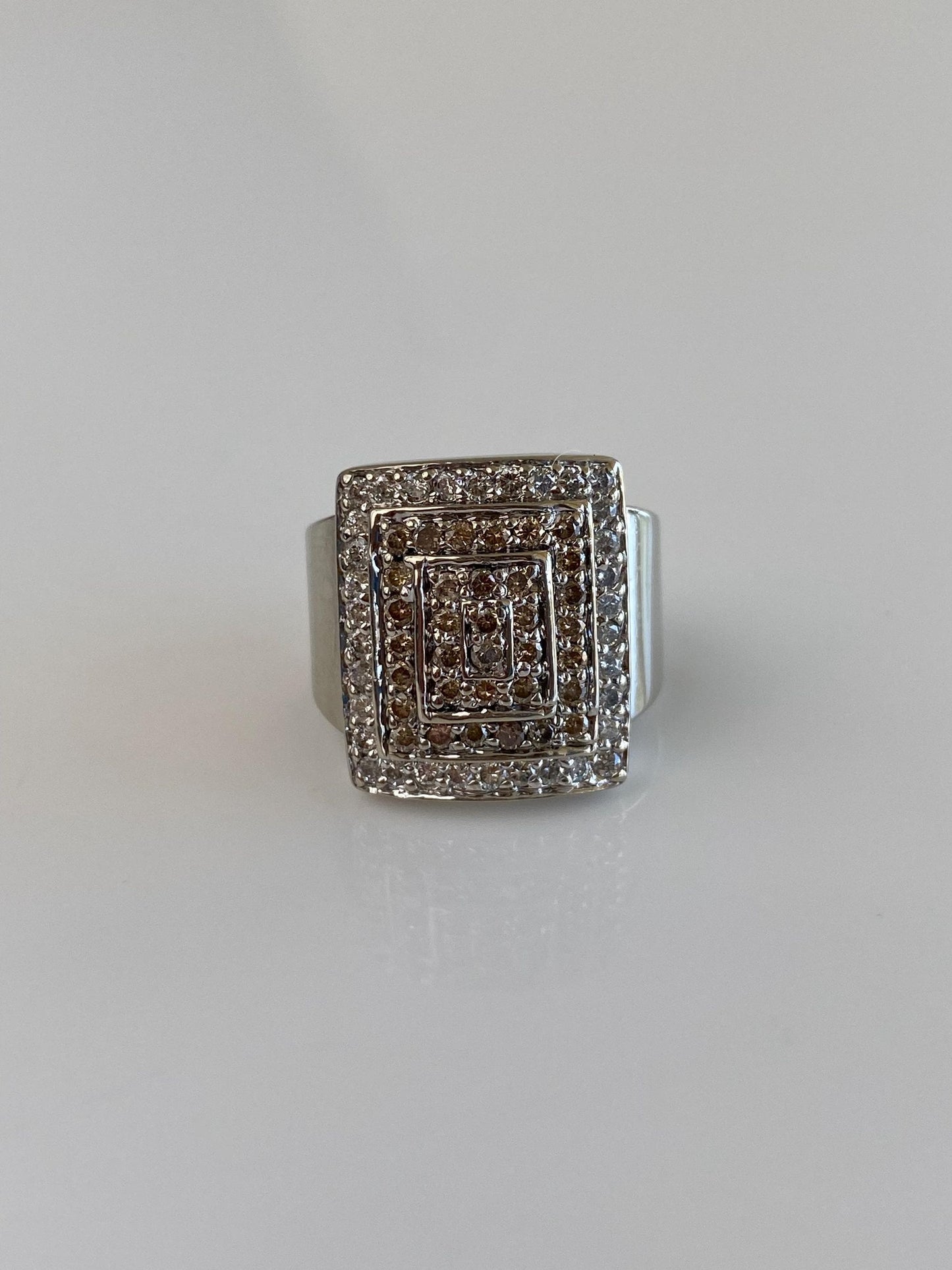 Vintage Solid 14k White Gold Champagne & Clear Diamond Square Ring - Size 3.5