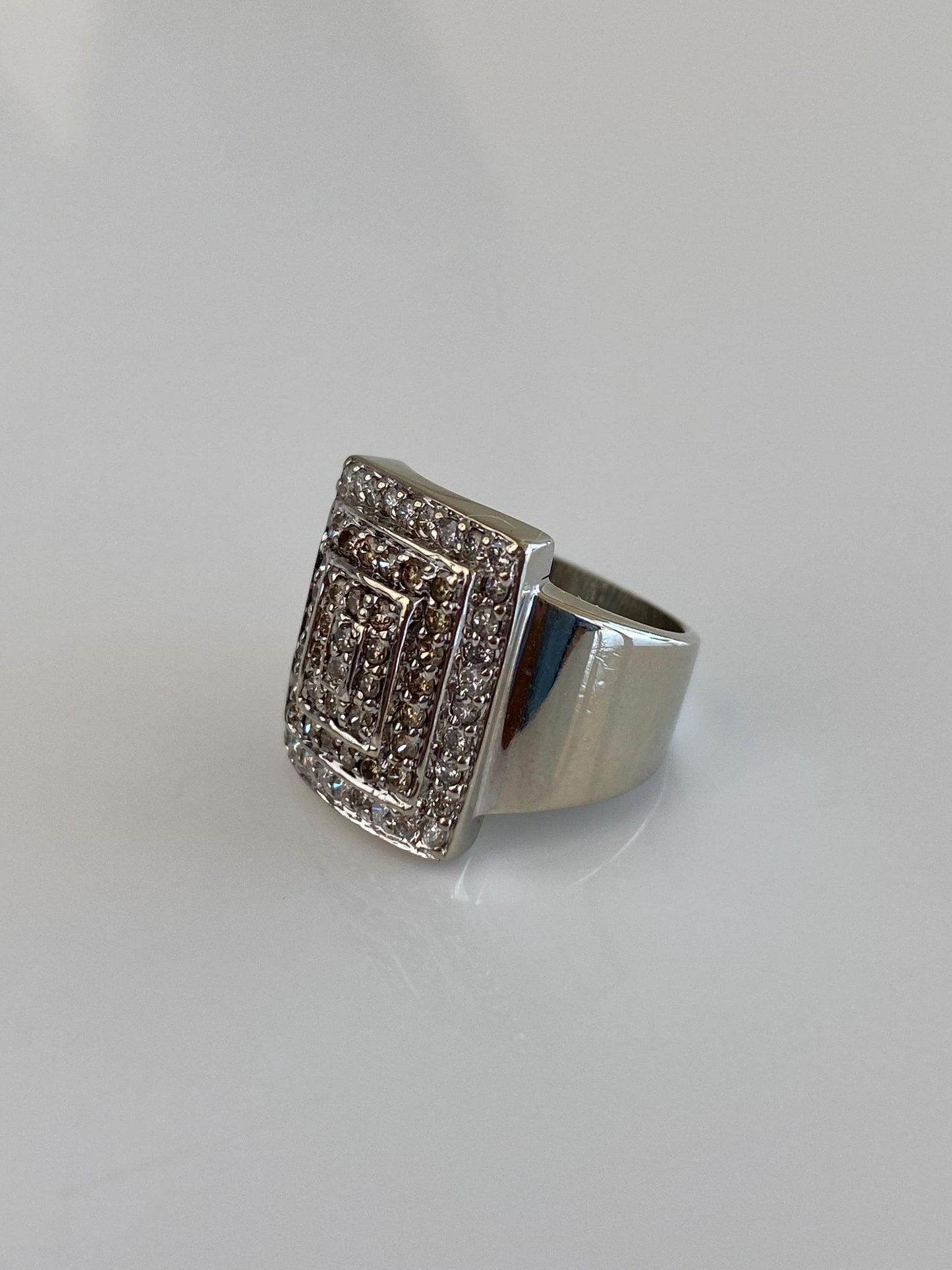 Vintage Solid 14k White Gold Champagne & Clear Diamond Square Ring - Size 3.5