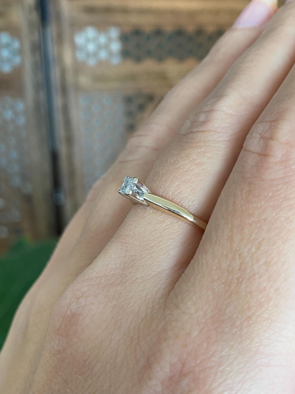 Vintage Solid 14k White & Yellow Gold Princess Cut Diamond Ring - Size 6.75