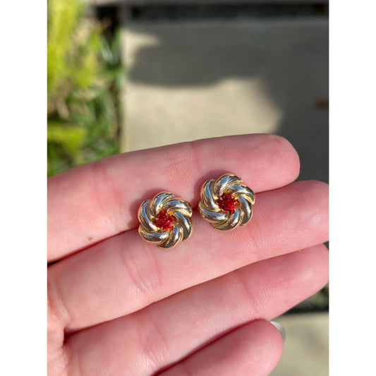 Vintage Solid 10k Yellow Gold Red Cubic Zirconia Knot Style Stud Earrings