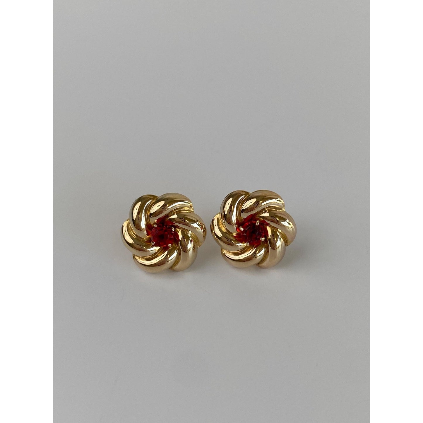 Vintage Solid 10k Yellow Gold Red Cubic Zirconia Knot Style Stud Earrings