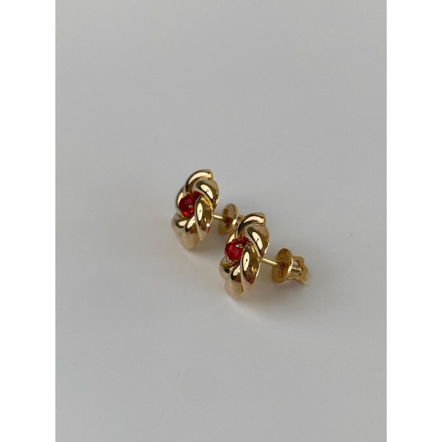 Vintage Solid 10k Yellow Gold Red Cubic Zirconia Knot Style Stud Earrings