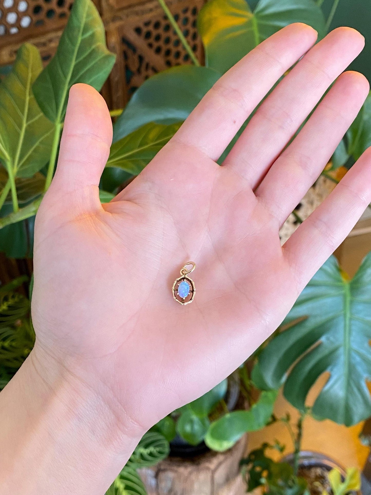 Vintage Solid 14k Yellow Gold Opal Bamboo Charm