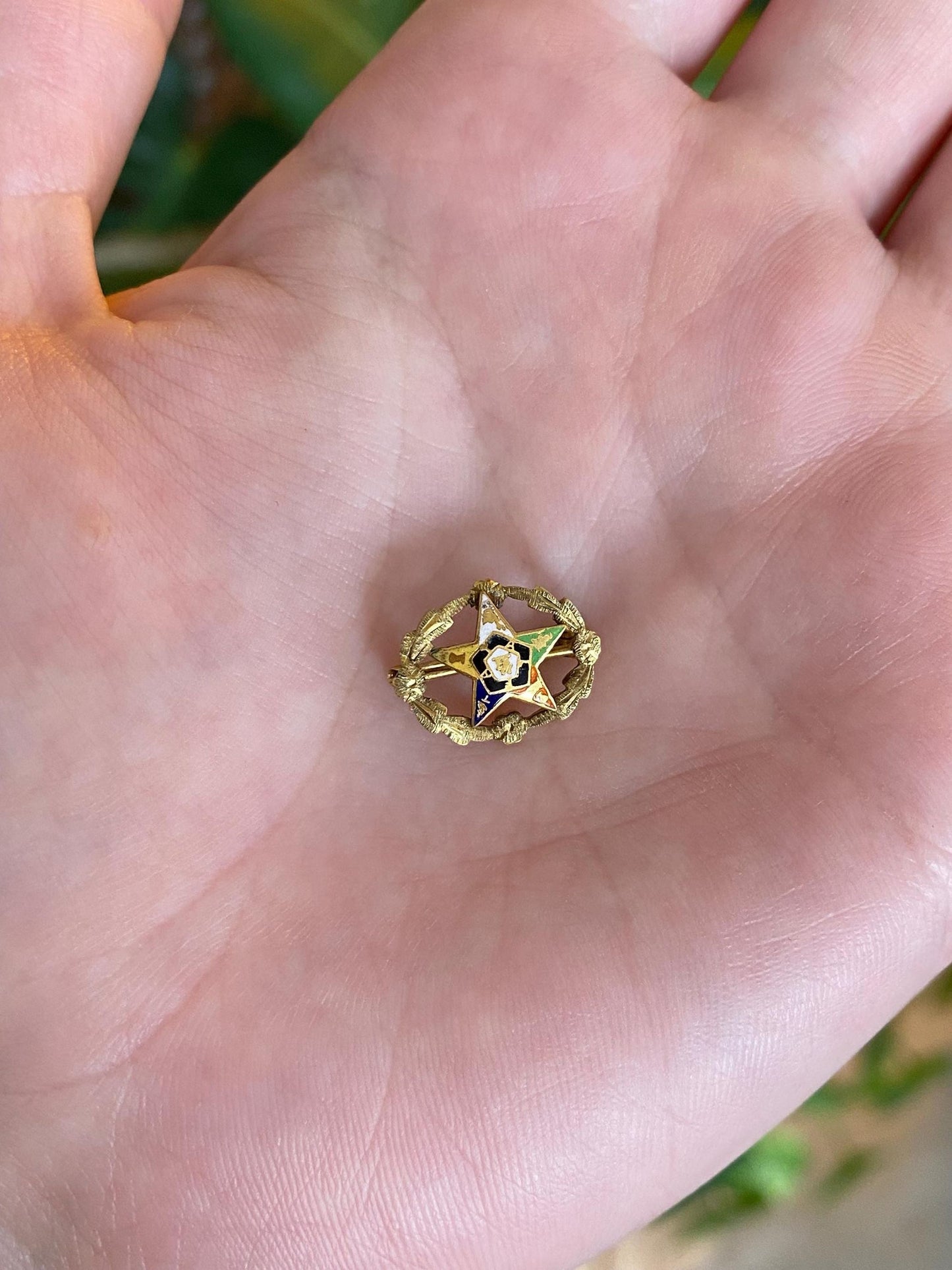 Vintage Solid 10k Yellow Gold Enamel Freemason Order of the Eastern Star Pin