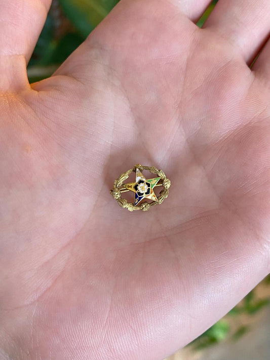 Vintage Solid 10k Yellow Gold Enamel Freemason Order of the Eastern Star Pin