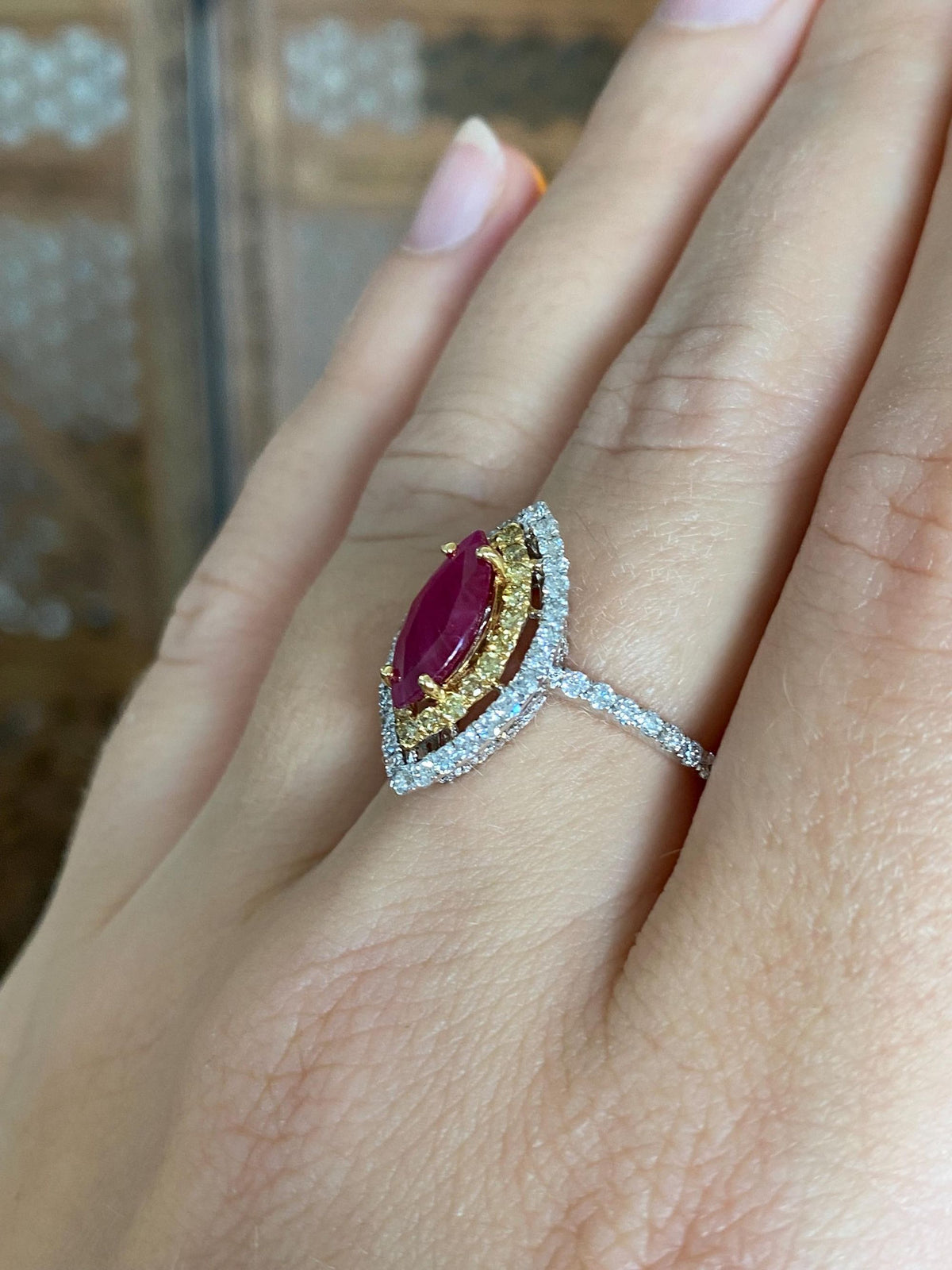 Vintage Solid 18k White Gold 1.5ct Marquis Ruby Clear & Yellow Diamonds Ring - Size 6.75