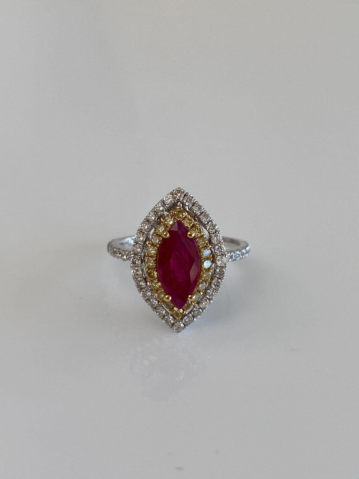 Vintage Solid 18k White Gold 1.5ct Marquis Ruby Clear & Yellow Diamonds Ring - Size 6.75