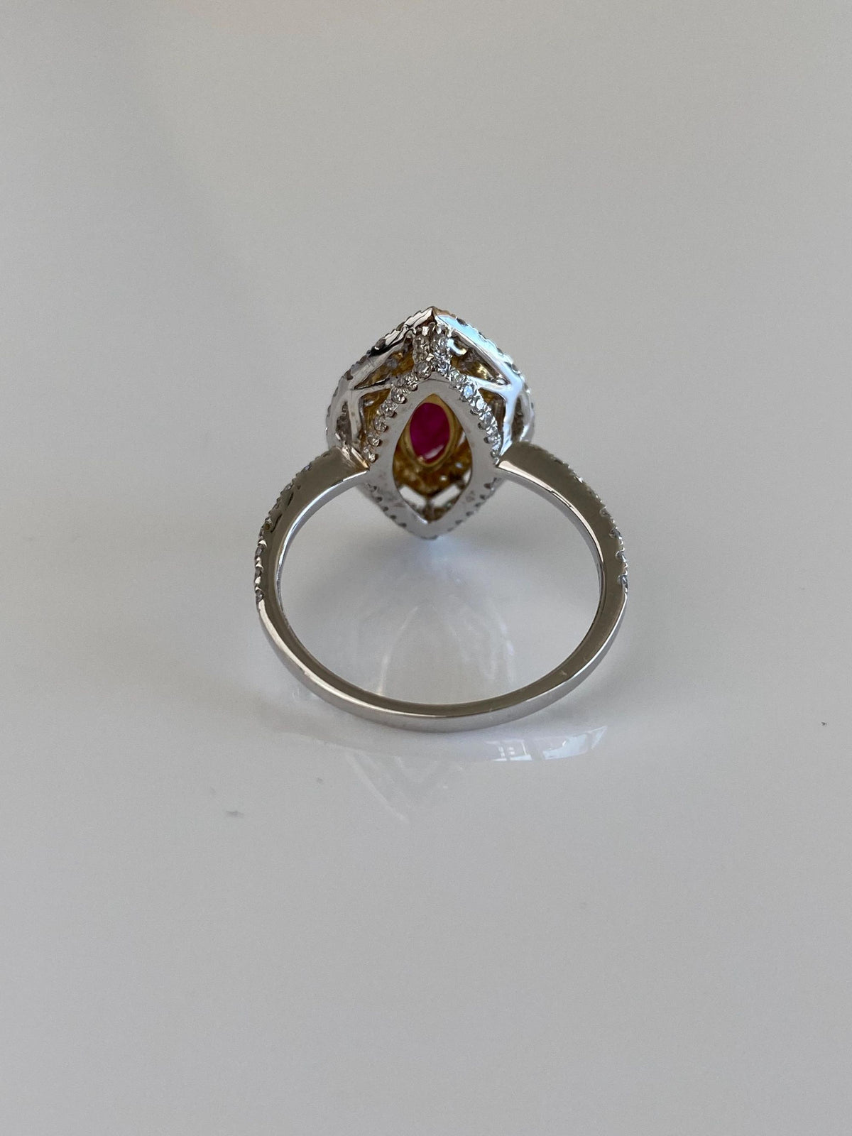 Vintage Solid 18k White Gold 1.5ct Marquis Ruby Clear & Yellow Diamonds Ring - Size 6.75