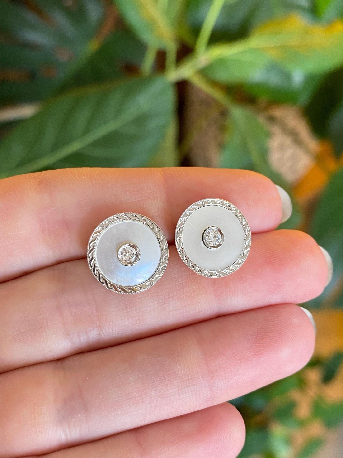 Vintage Solid 14k Yellow Gold & Platinum Mother of Pearl Diamond Cufflink Stud Earrings