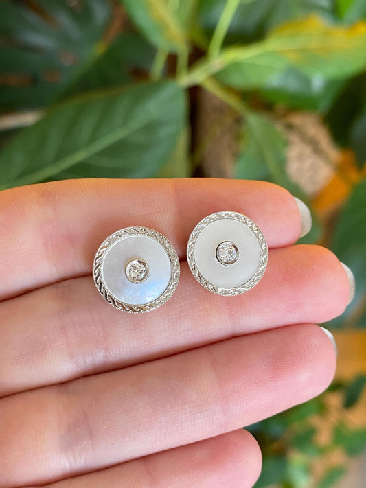 Vintage Solid 14k Yellow Gold & Platinum Mother of Pearl Diamond Cufflink Stud Earrings
