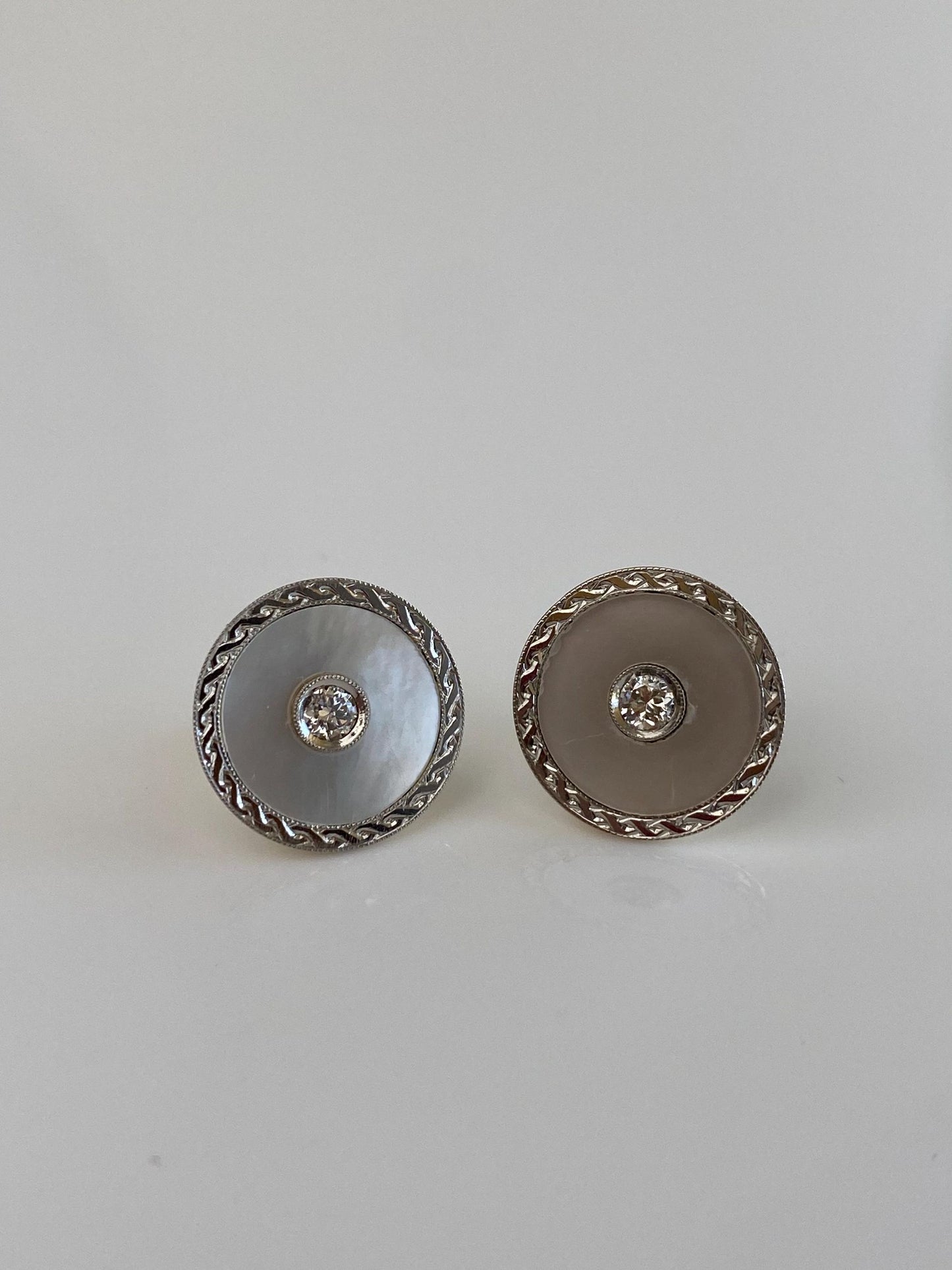 Vintage Solid 14k Yellow Gold & Platinum Mother of Pearl Diamond Cufflink Stud Earrings