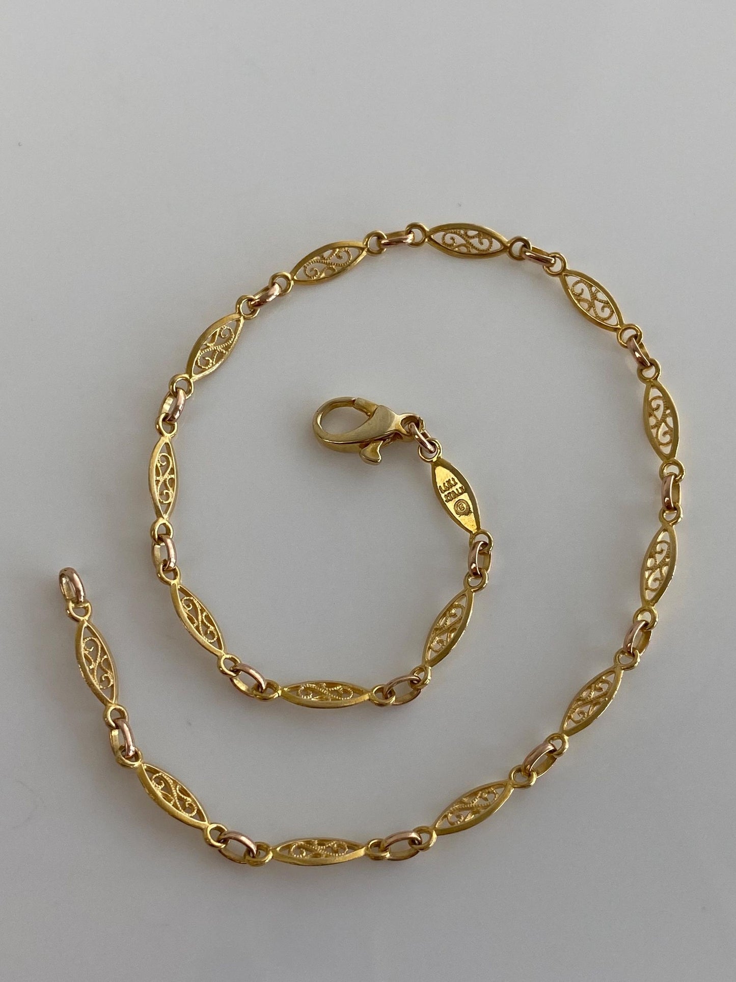 Vintage Solid 14k Yellow Gold Filigree Link Chain Bracelet Anklet - 9.25 inches