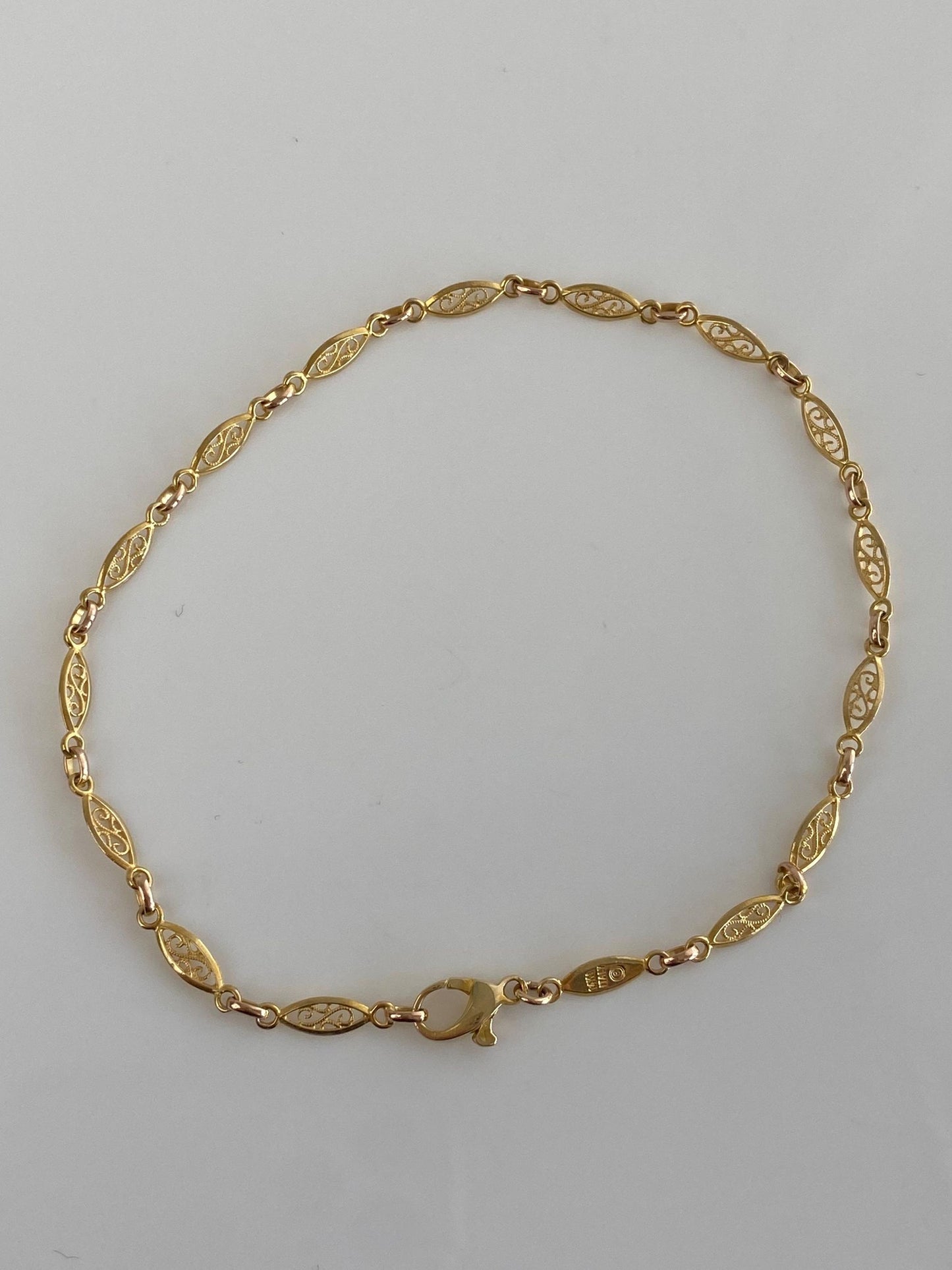 Vintage Solid 14k Yellow Gold Filigree Link Chain Bracelet Anklet - 9.25 inches