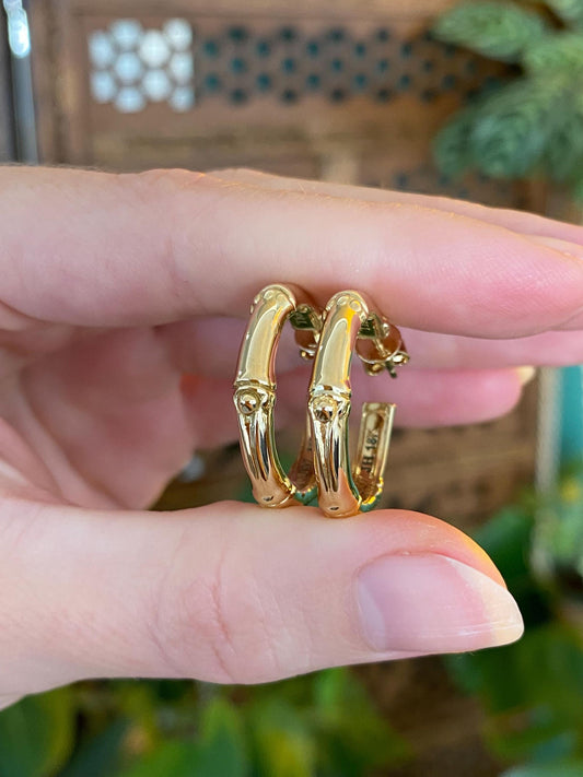 Vintage Solid 18k Yellow Gold John Hardy Bamboo Hoop Earrings
