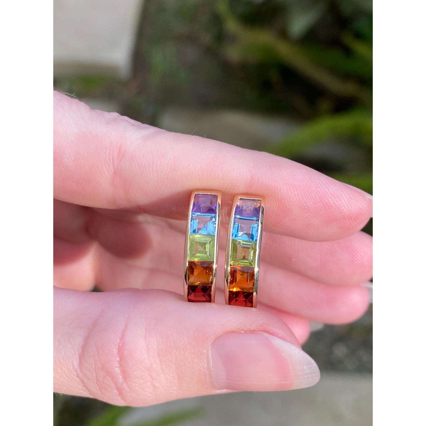 Vintage Solid 14k Yellow Gold Garnet Topaz Citrine Amethyst Peridot Drop Earrings