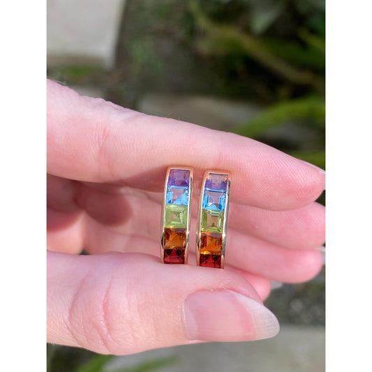 Vintage Solid 14k Yellow Gold Garnet Topaz Citrine Amethyst Peridot Drop Earrings