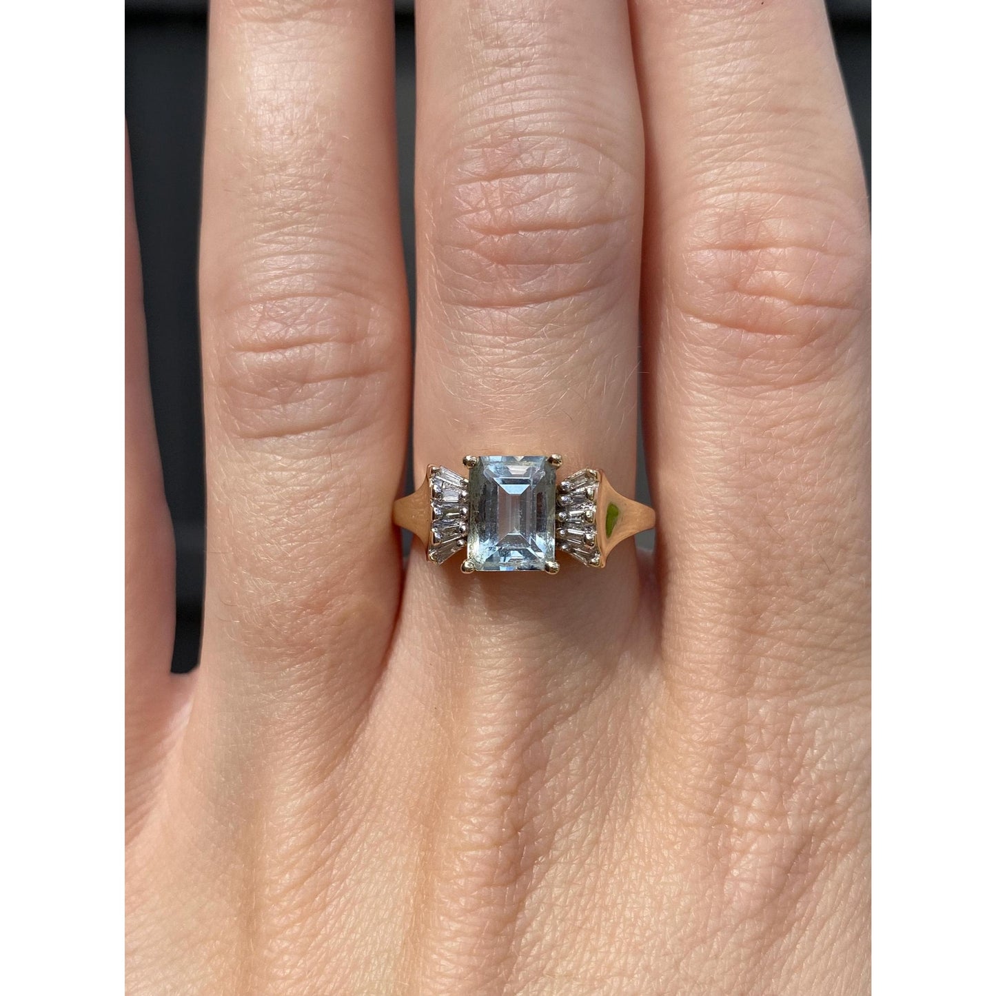 Vintage Solid 14k Yellow Gold Diamond Aquamarine Ring - Size 6.75