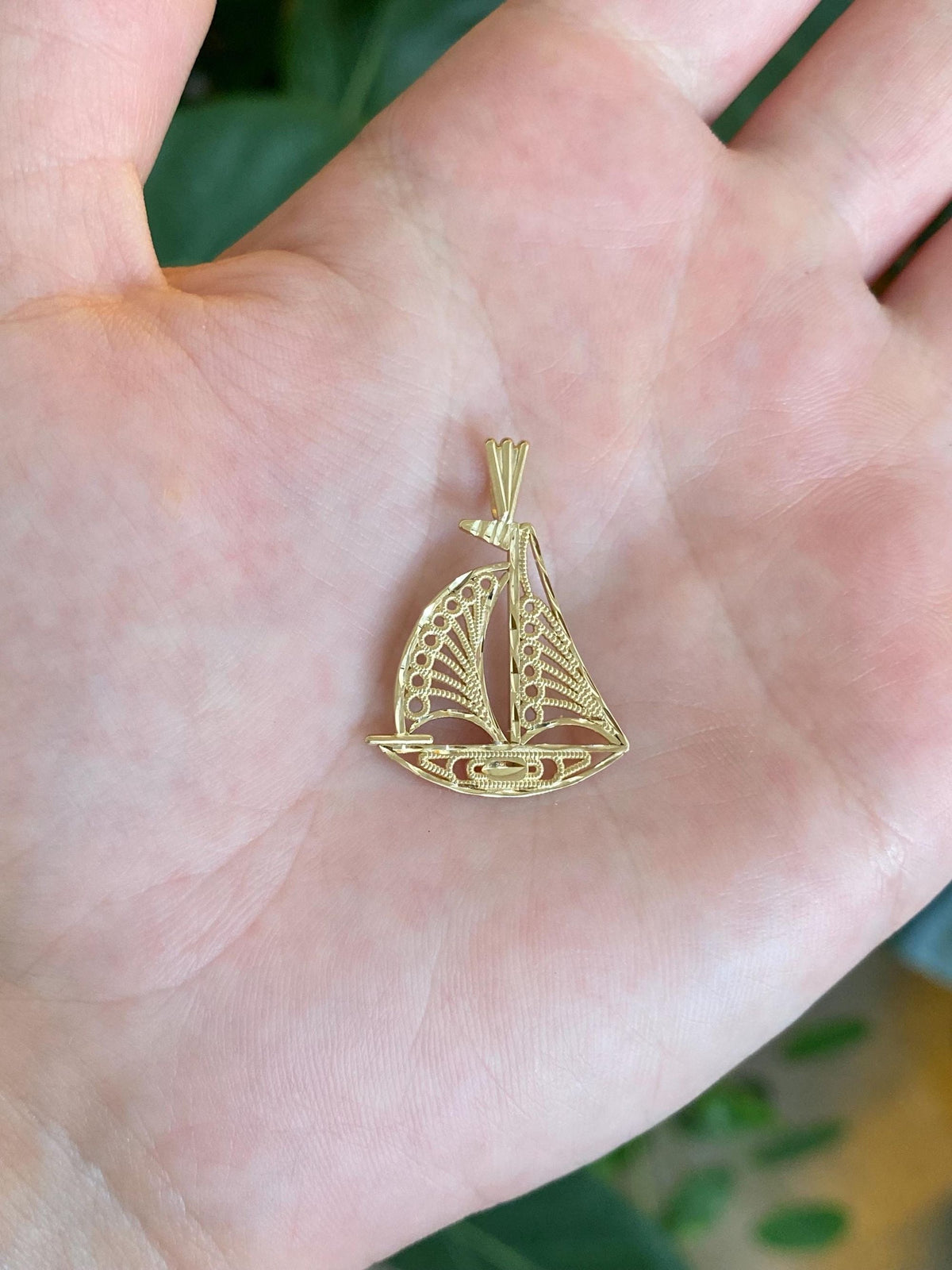 Solid 14k Yellow Gold Filigree Open Work Sailboat Charm