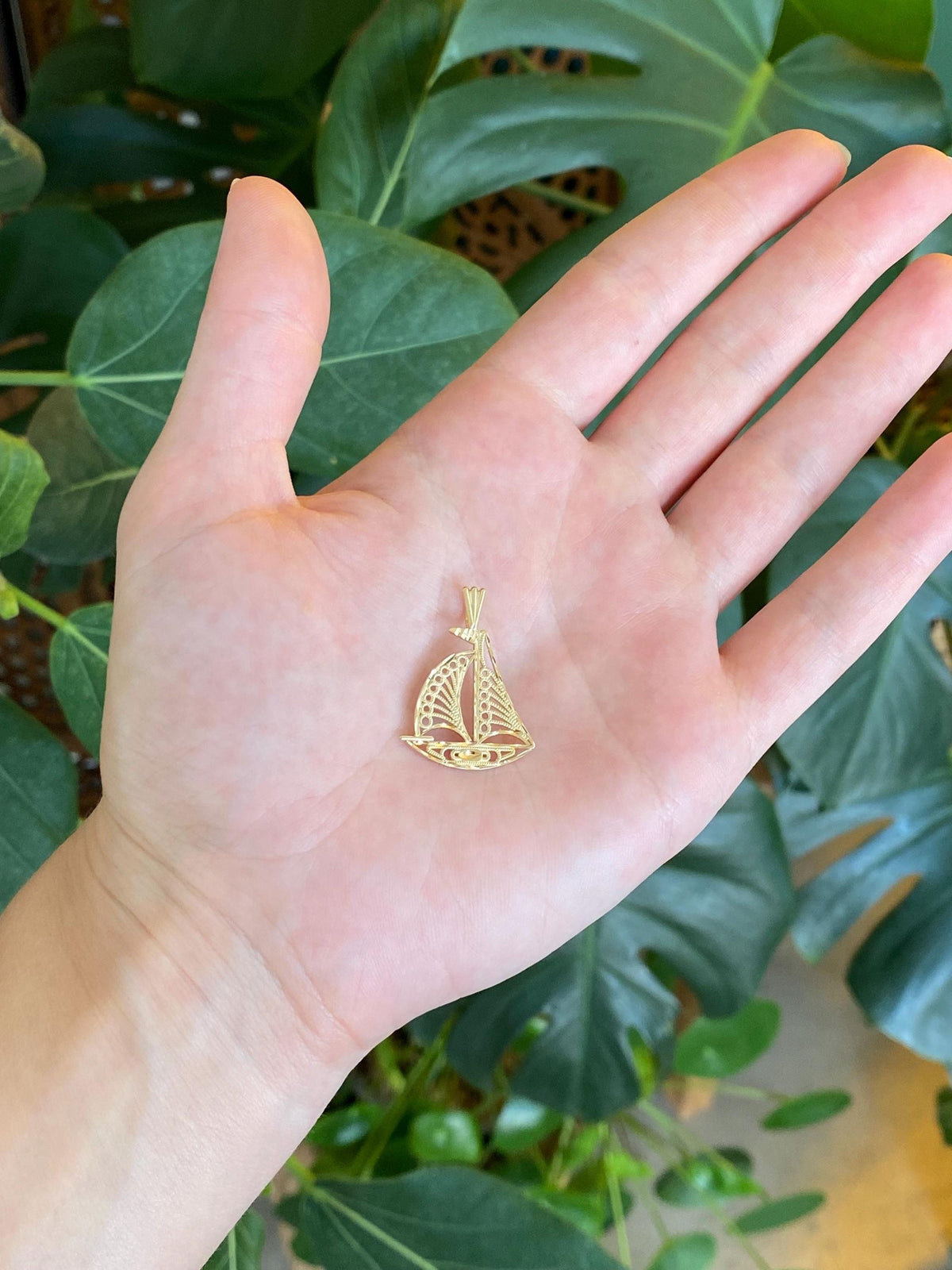 Solid 14k Yellow Gold Filigree Open Work Sailboat Charm