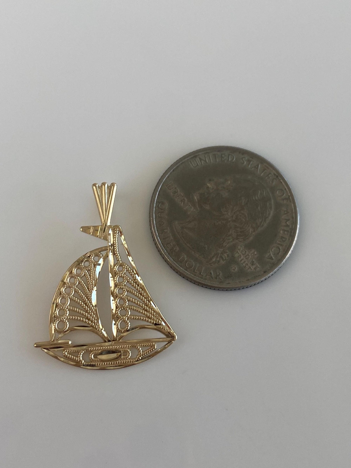 Solid 14k Yellow Gold Filigree Open Work Sailboat Charm