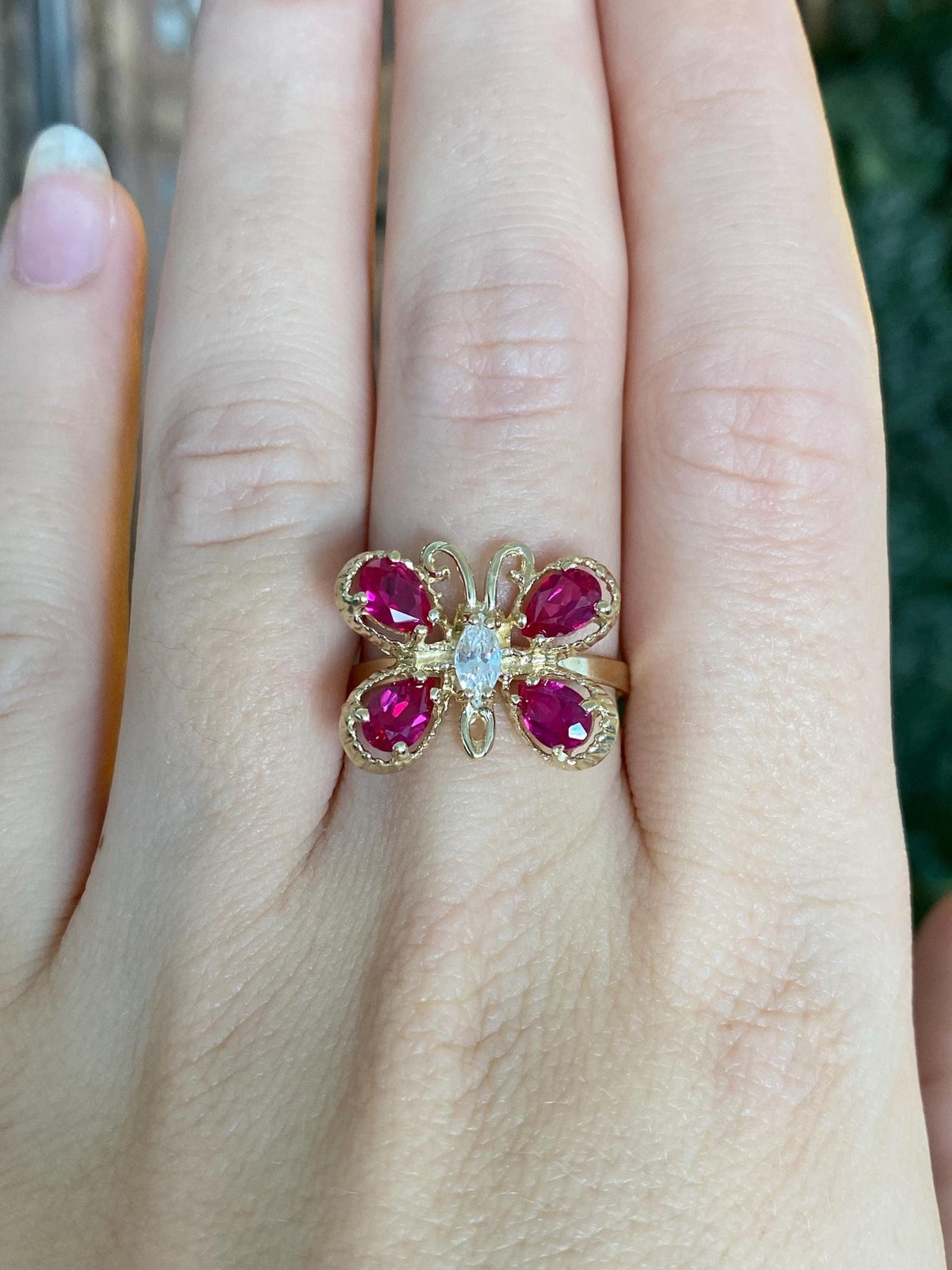 Vintage Solid 10k Yellow Gold Pink Sapphire Clear Cubic Zirconia Butterfly Ring - Size 8.5