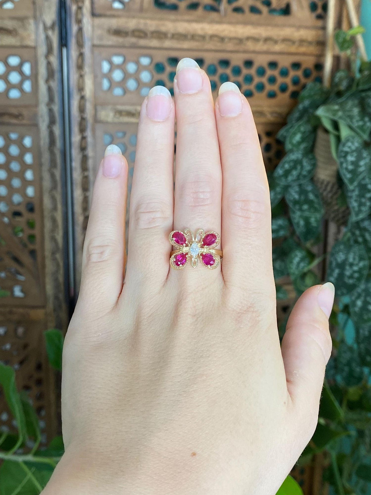 Vintage Solid 10k Yellow Gold Pink Sapphire Clear Cubic Zirconia Butterfly Ring - Size 8.5