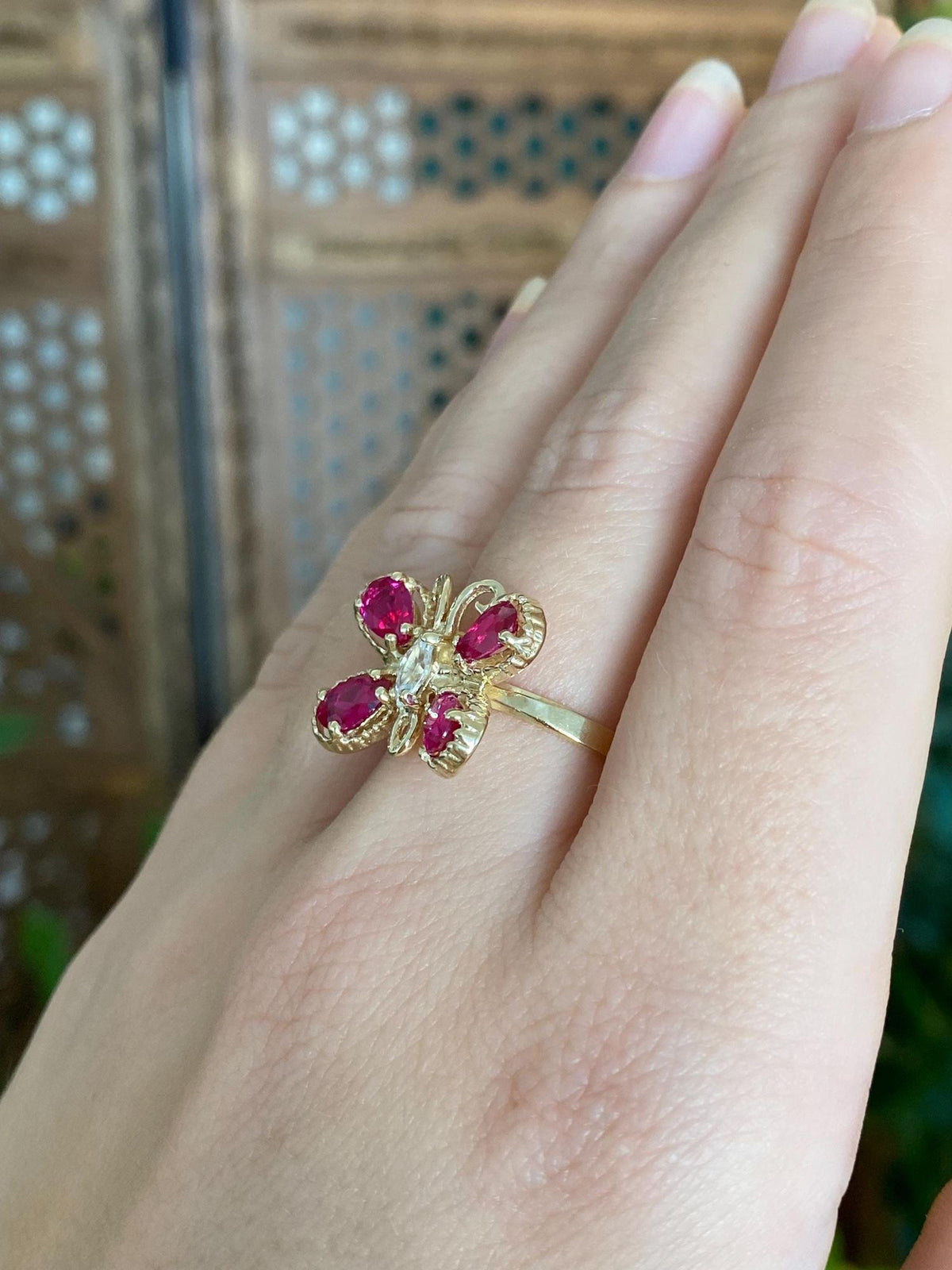 Vintage Solid 10k Yellow Gold Pink Sapphire Clear Cubic Zirconia Butterfly Ring - Size 8.5