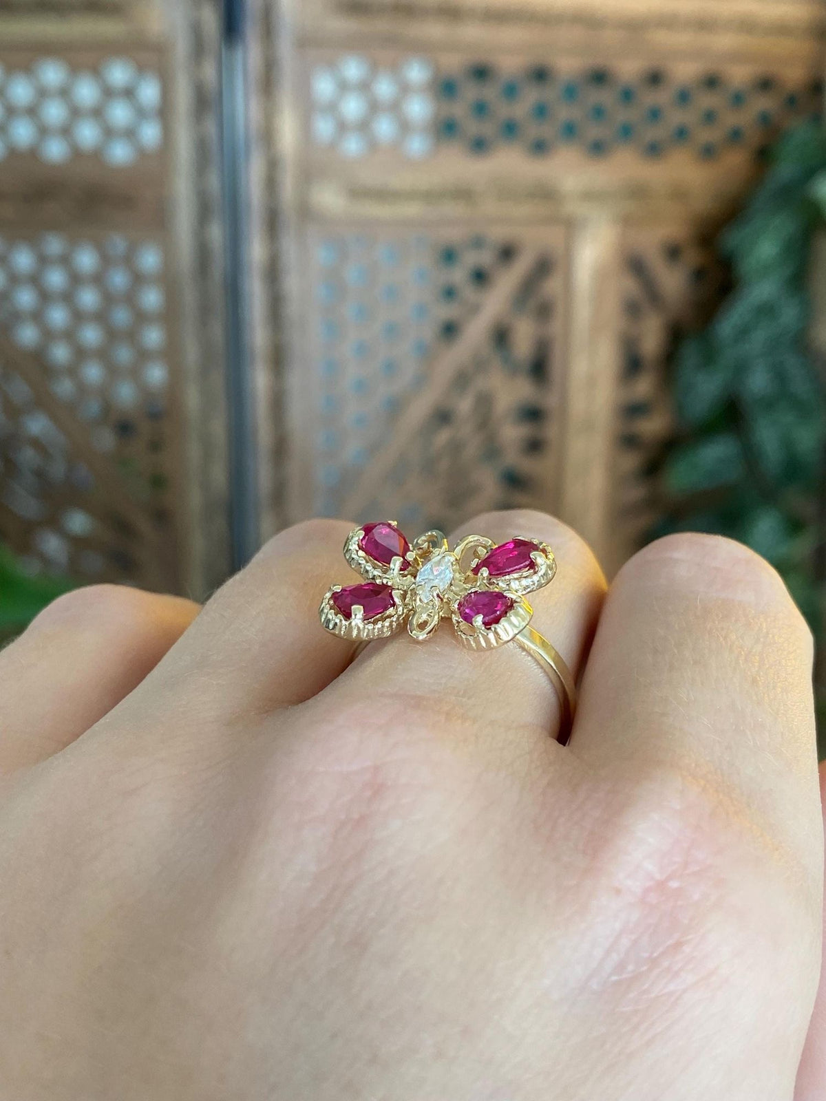 Vintage Solid 10k Yellow Gold Pink Sapphire Clear Cubic Zirconia Butterfly Ring - Size 8.5